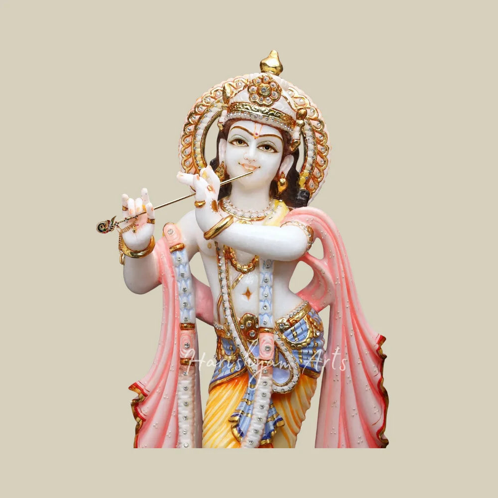 21" Colored Marble Radha Krishna Statue Pair with Flute Golden Crowns and Traditional Attire