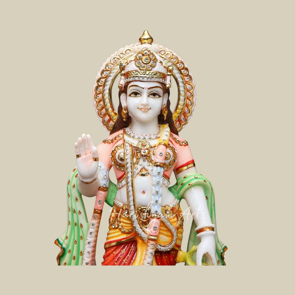 21" Colored Marble Radha Krishna Statue Pair with Flute Golden Crowns and Traditional Attire