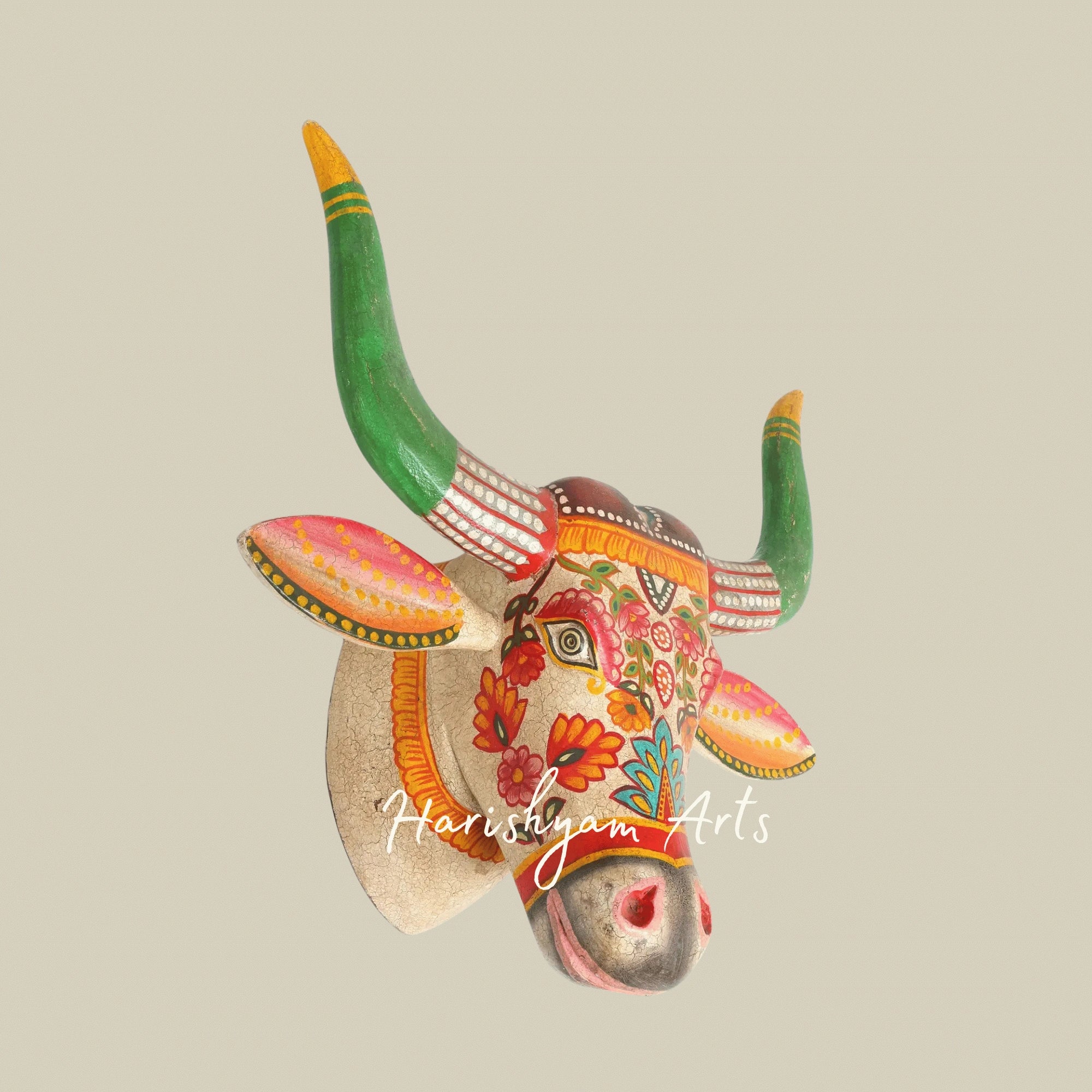 21" Hand-Painted Wooden Cow Head Wall Hanging – Traditional Rajasthani Wood Carving