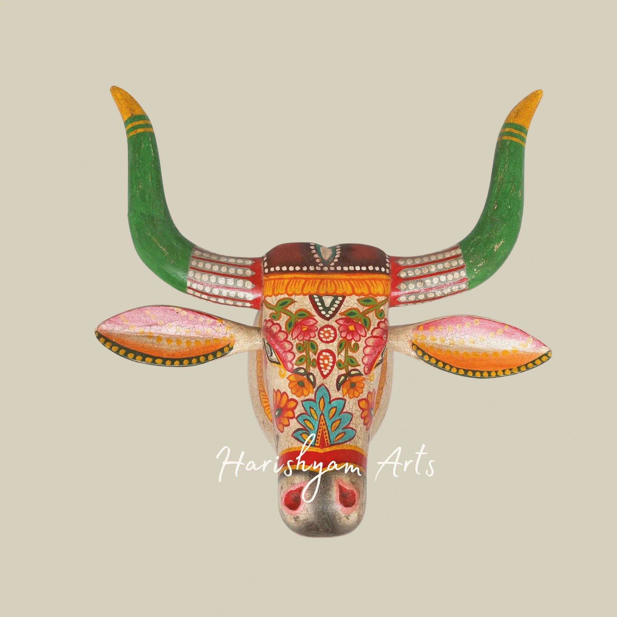 21" Hand-Painted Wooden Cow Head Wall Hanging – Traditional Rajasthani Wood Carving