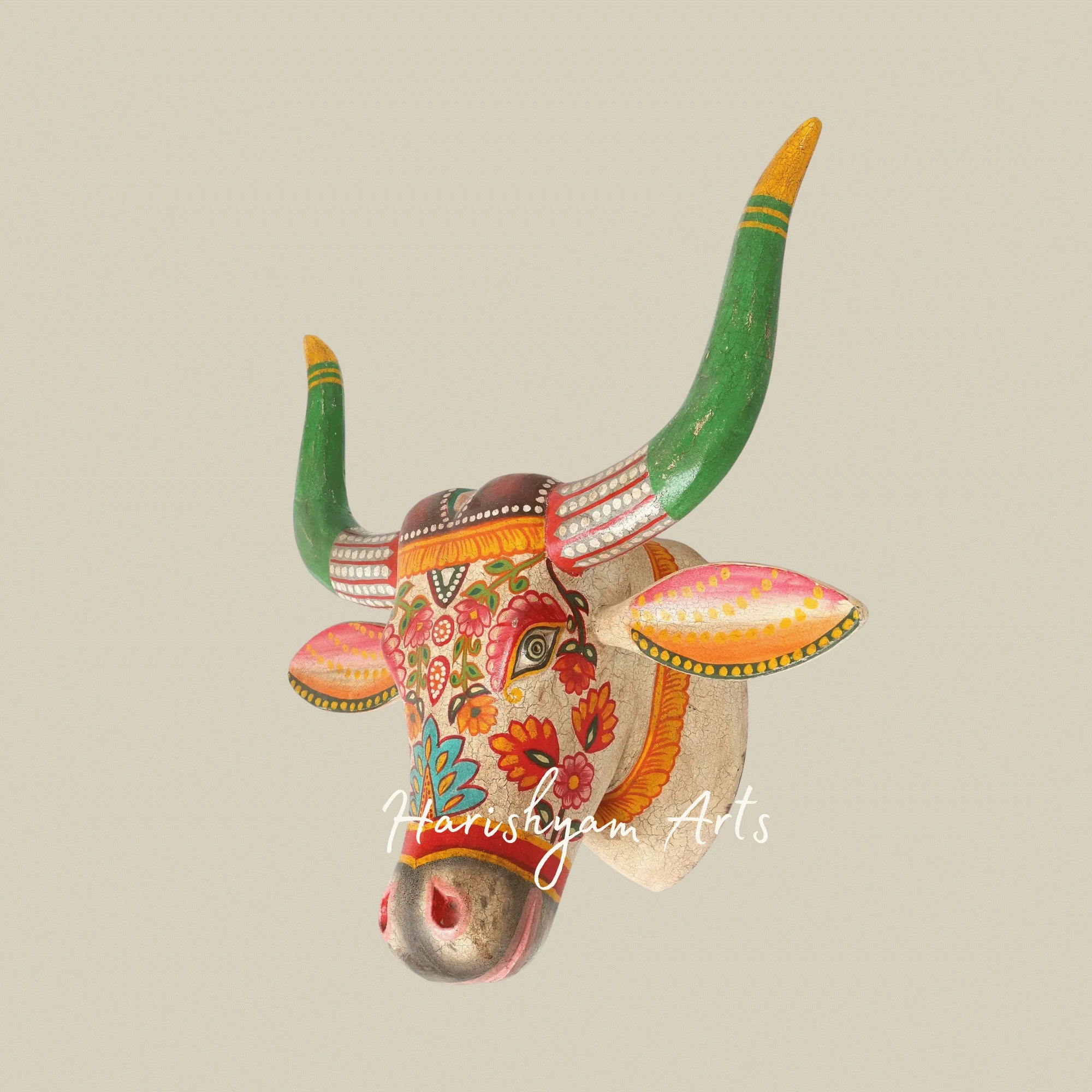 21" Hand-Painted Wooden Cow Head Wall Hanging – Traditional Rajasthani Wood Carving