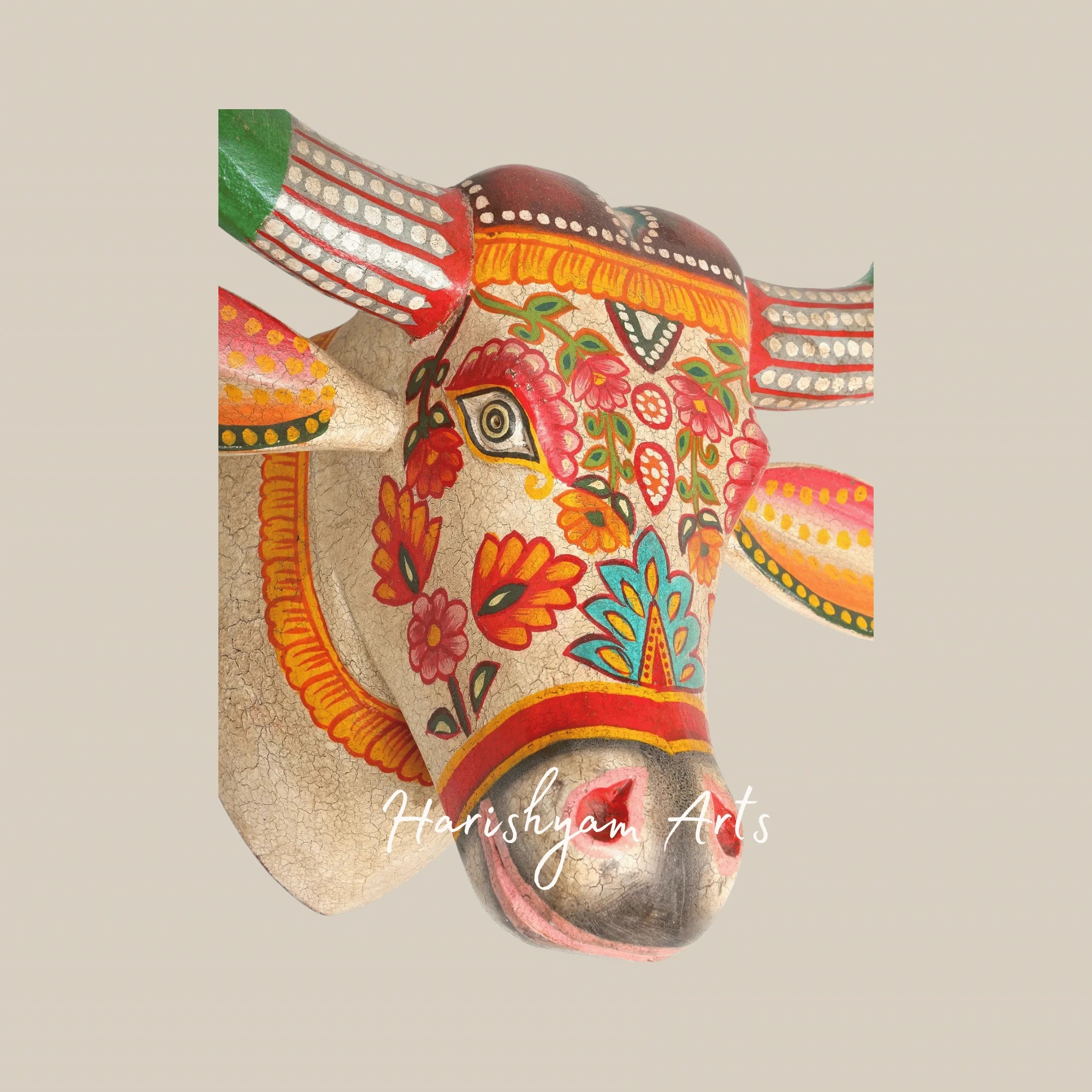 21" Hand-Painted Wooden Cow Head Wall Hanging – Traditional Rajasthani Wood Carving