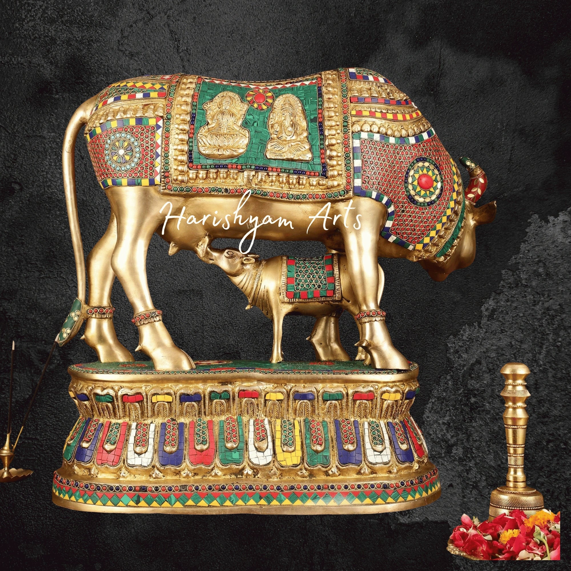 21" Majestic Brass Kamdhenu Cow and Calf Idol with Traditional Stone Inlay