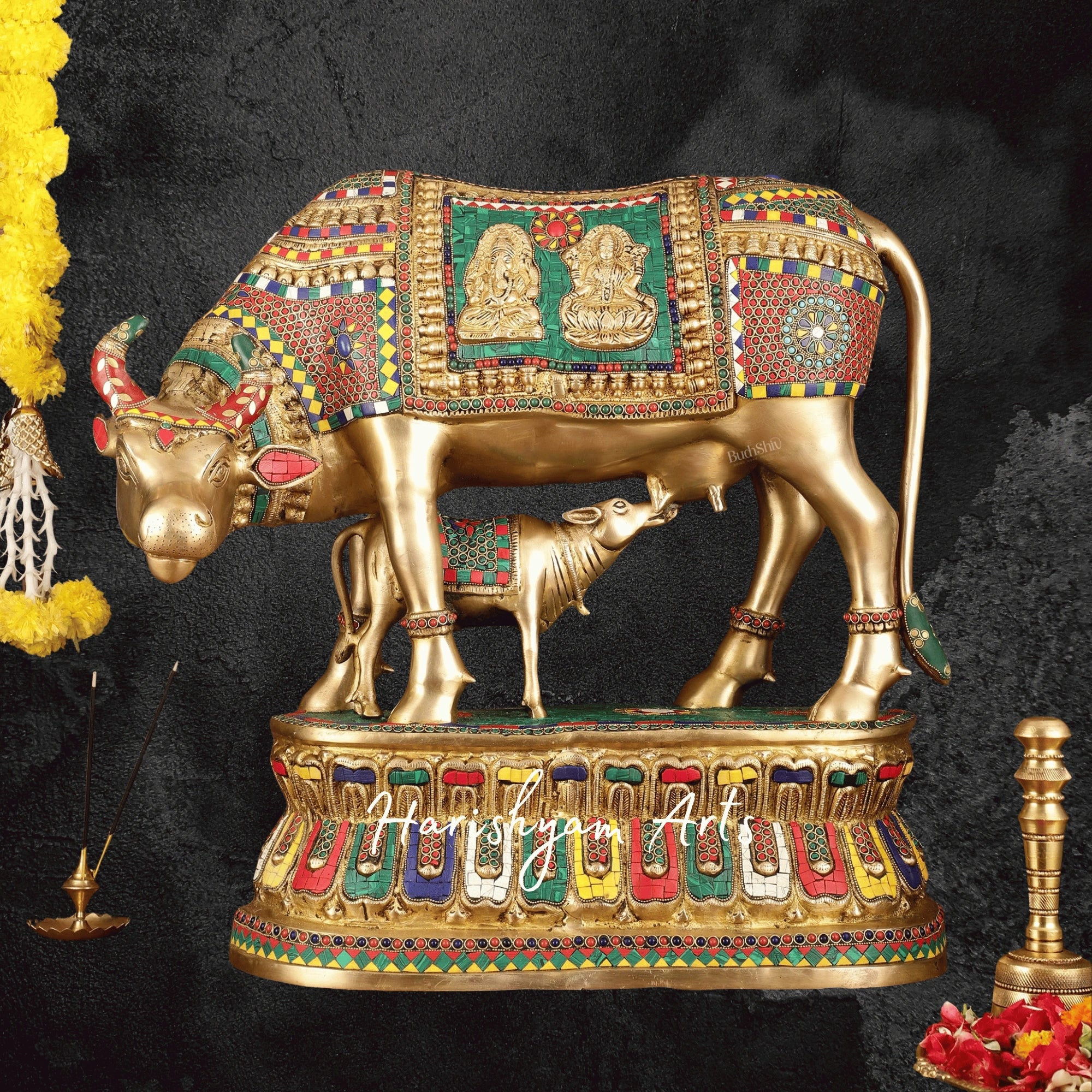 21" Majestic Brass Kamdhenu Cow and Calf Idol with Traditional Stone Inlay