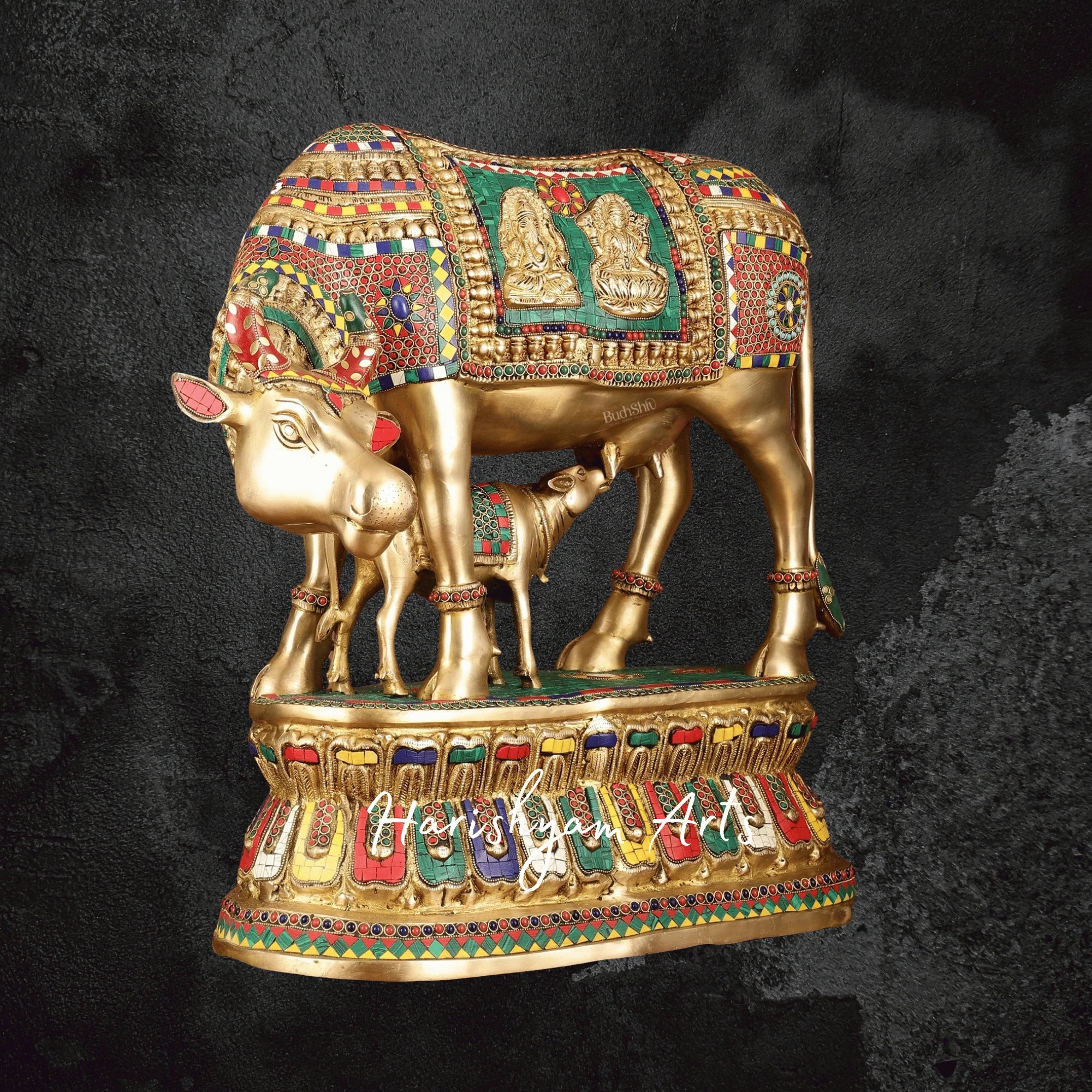 21" Majestic Brass Kamdhenu Cow and Calf Idol with Traditional Stone Inlay