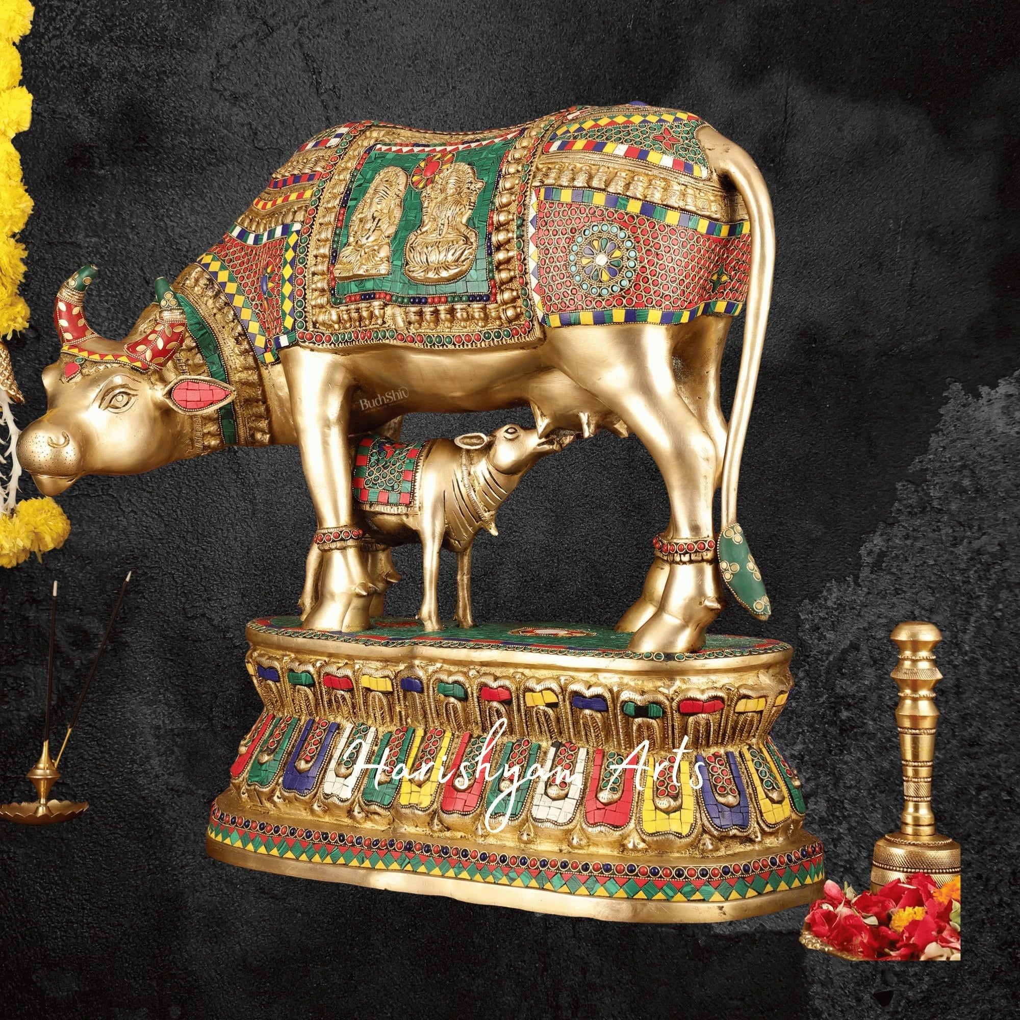 21" Majestic Brass Kamdhenu Cow and Calf Idol with Traditional Stone Inlay