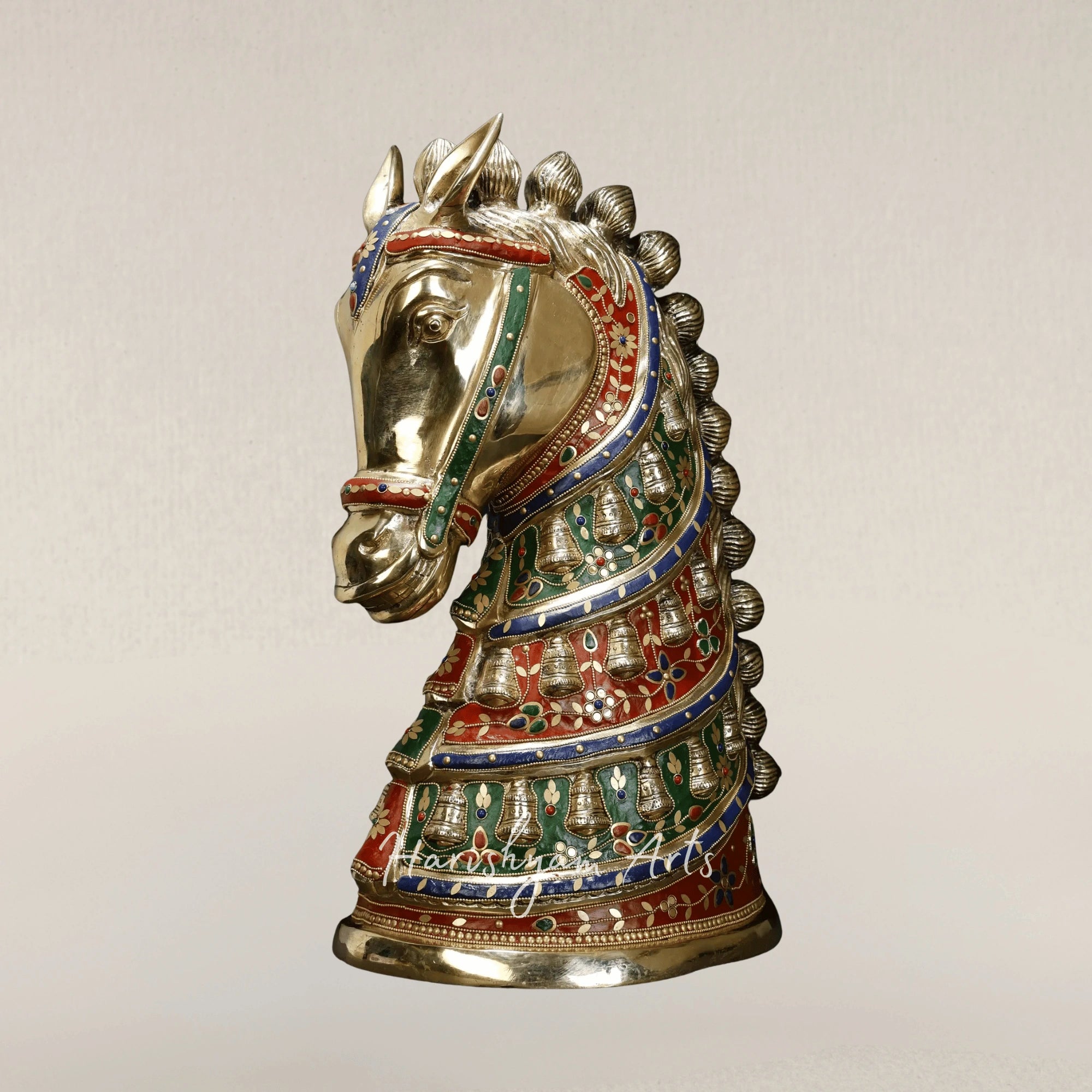 21" Premium Brass Horse Head Statue with Intricate Stone Inlay
