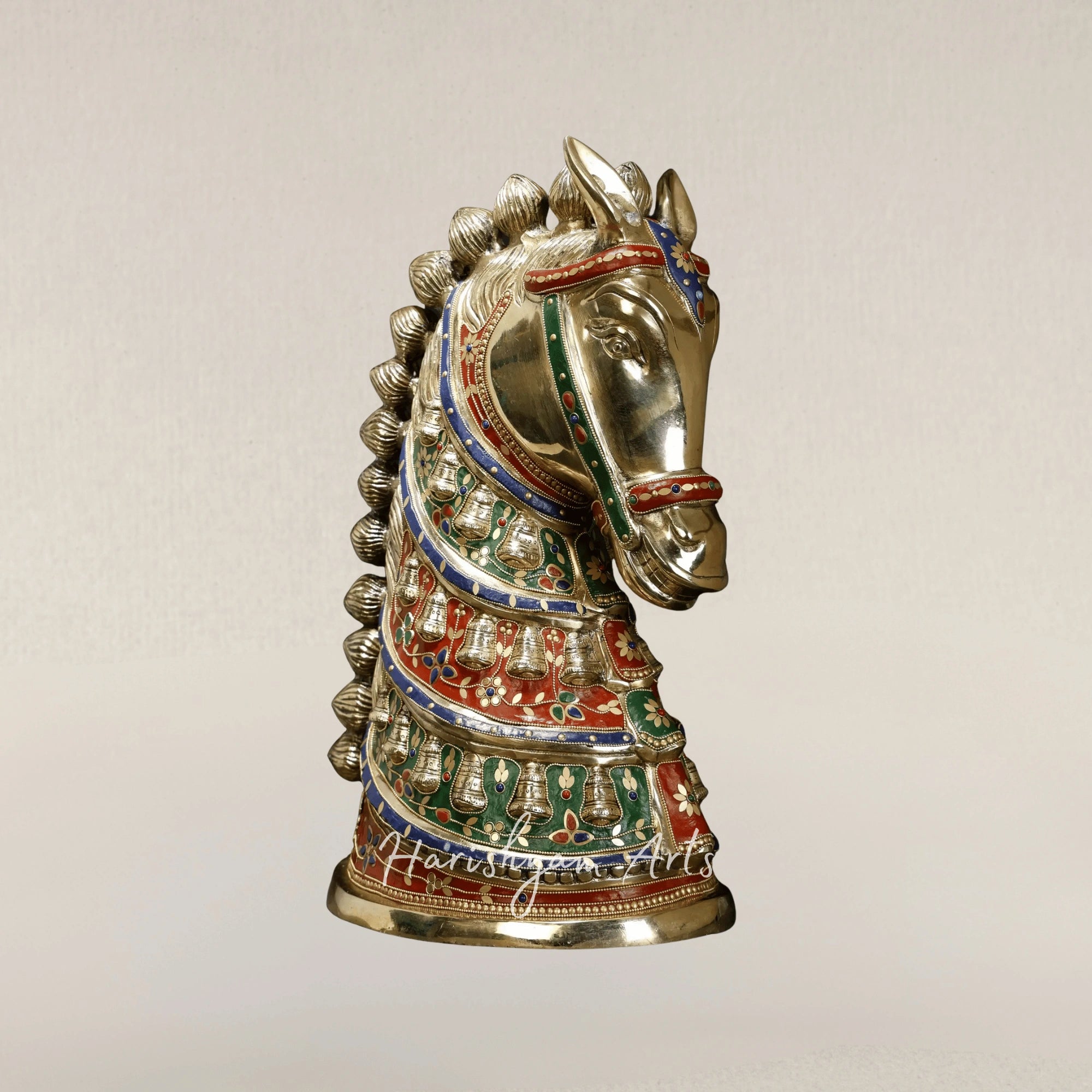 21" Premium Brass Horse Head Statue with Intricate Stone Inlay