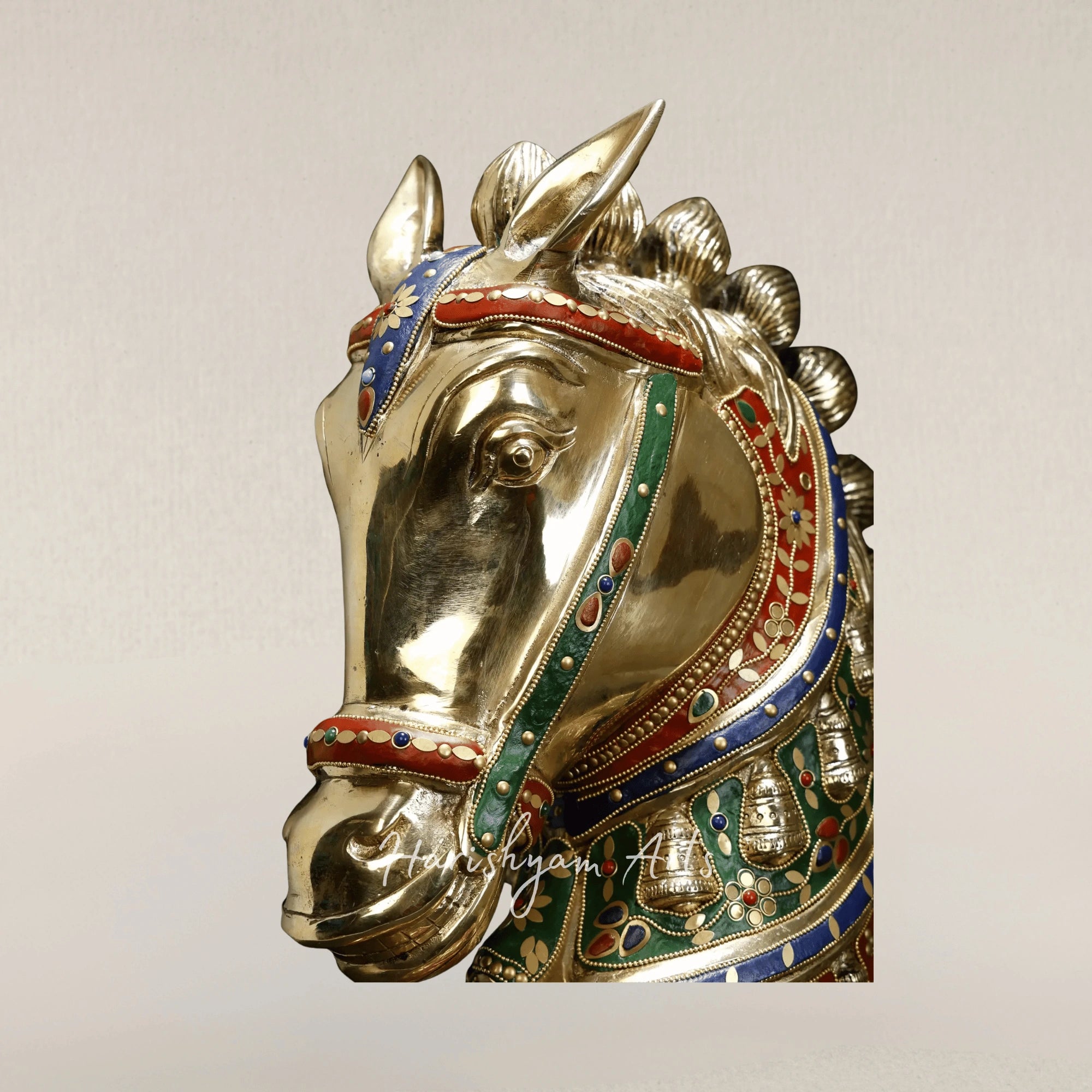 21" Premium Brass Horse Head Statue with Intricate Stone Inlay