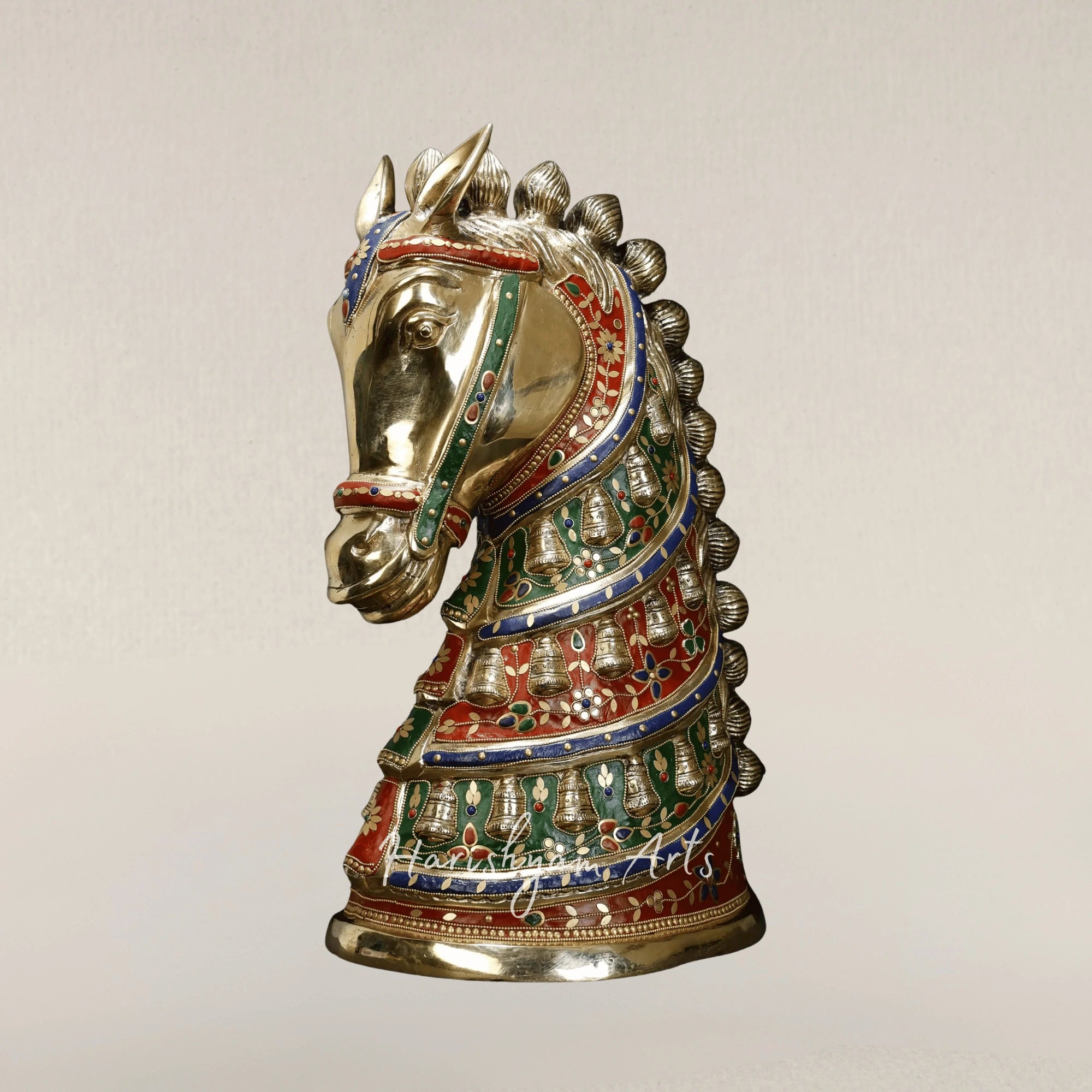 21" Premium Brass Horse Head Statue with Intricate Stone Inlay