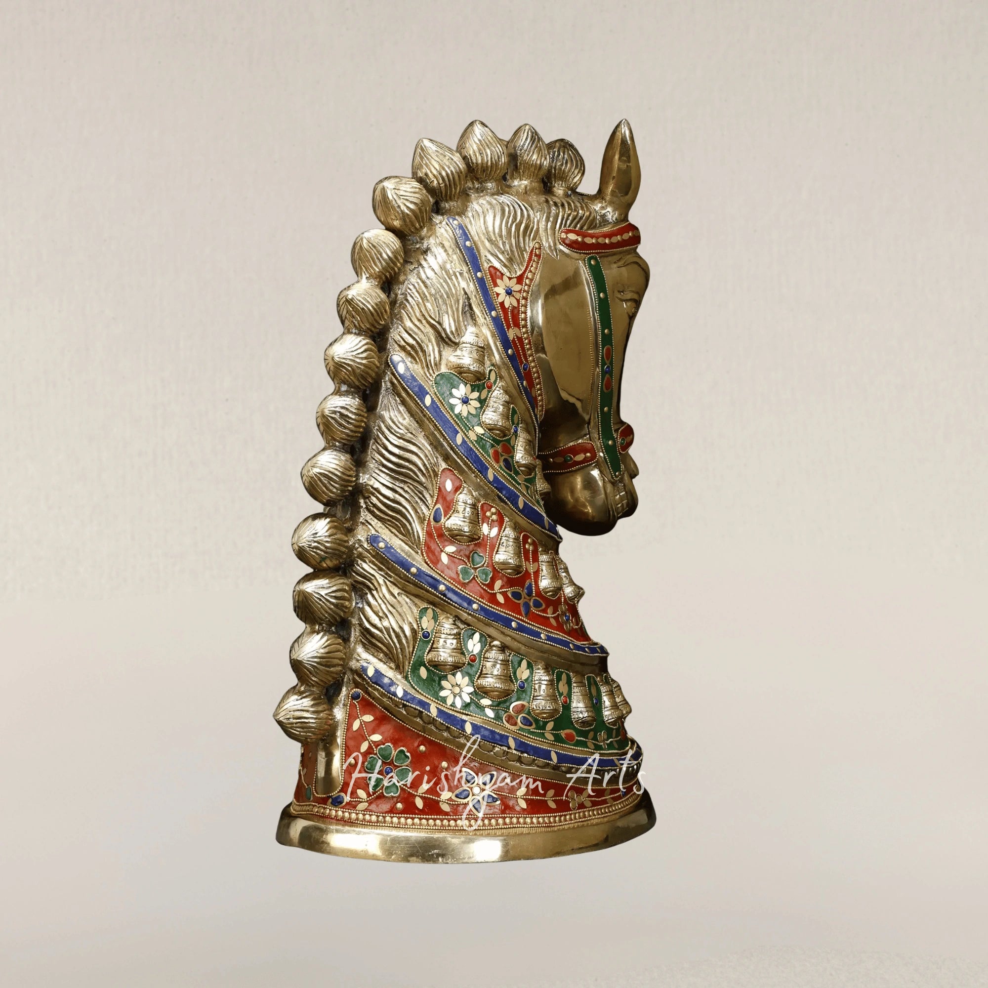 21" Premium Brass Horse Head Statue with Intricate Stone Inlay