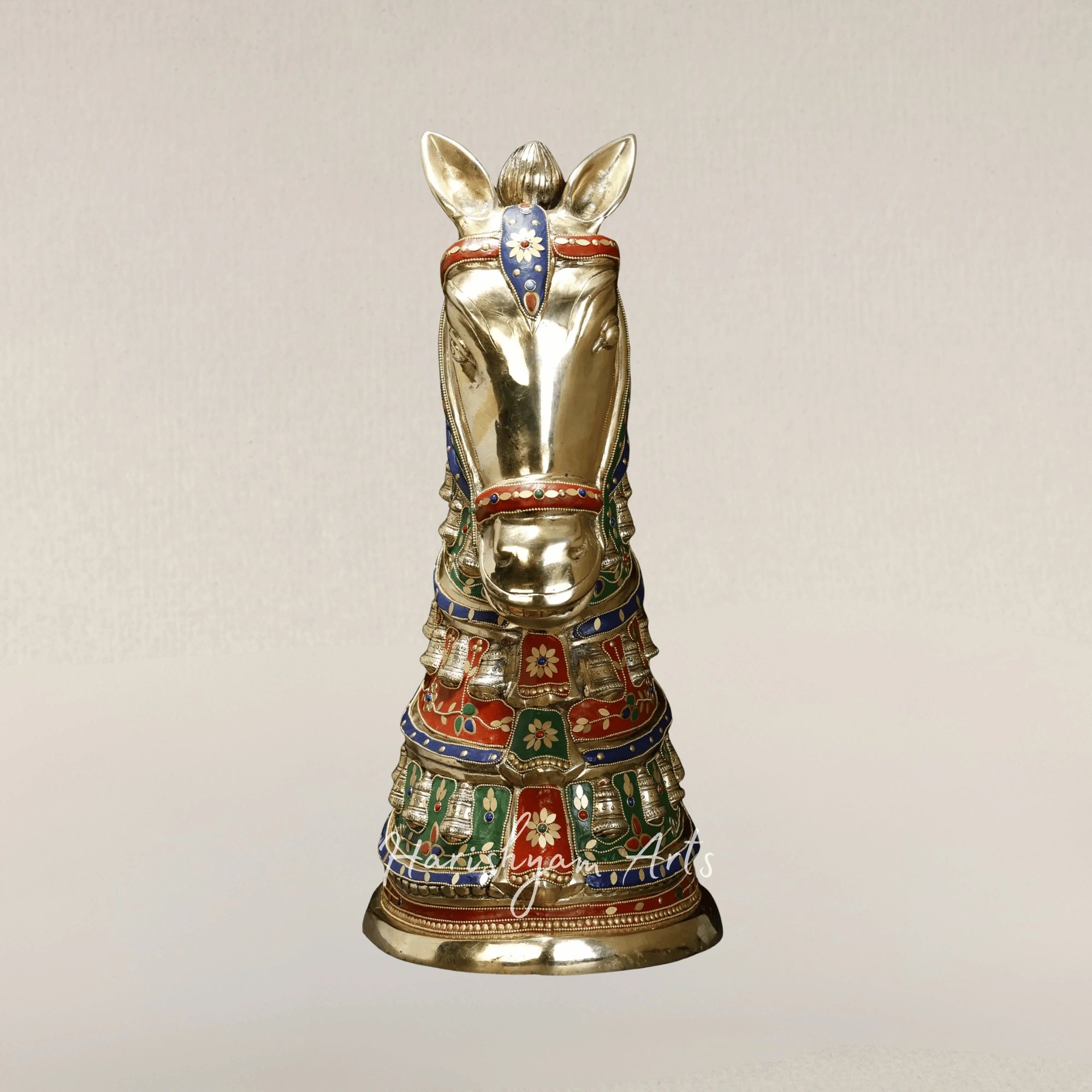 21" Premium Brass Horse Head Statue with Intricate Stone Inlay
