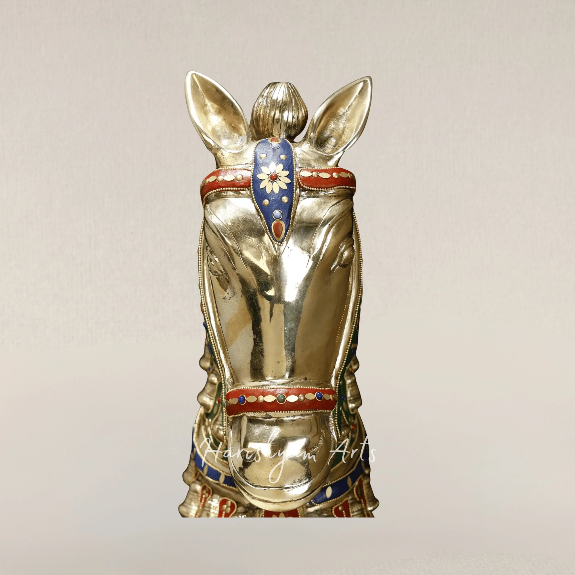 21" Premium Brass Horse Head Statue with Intricate Stone Inlay