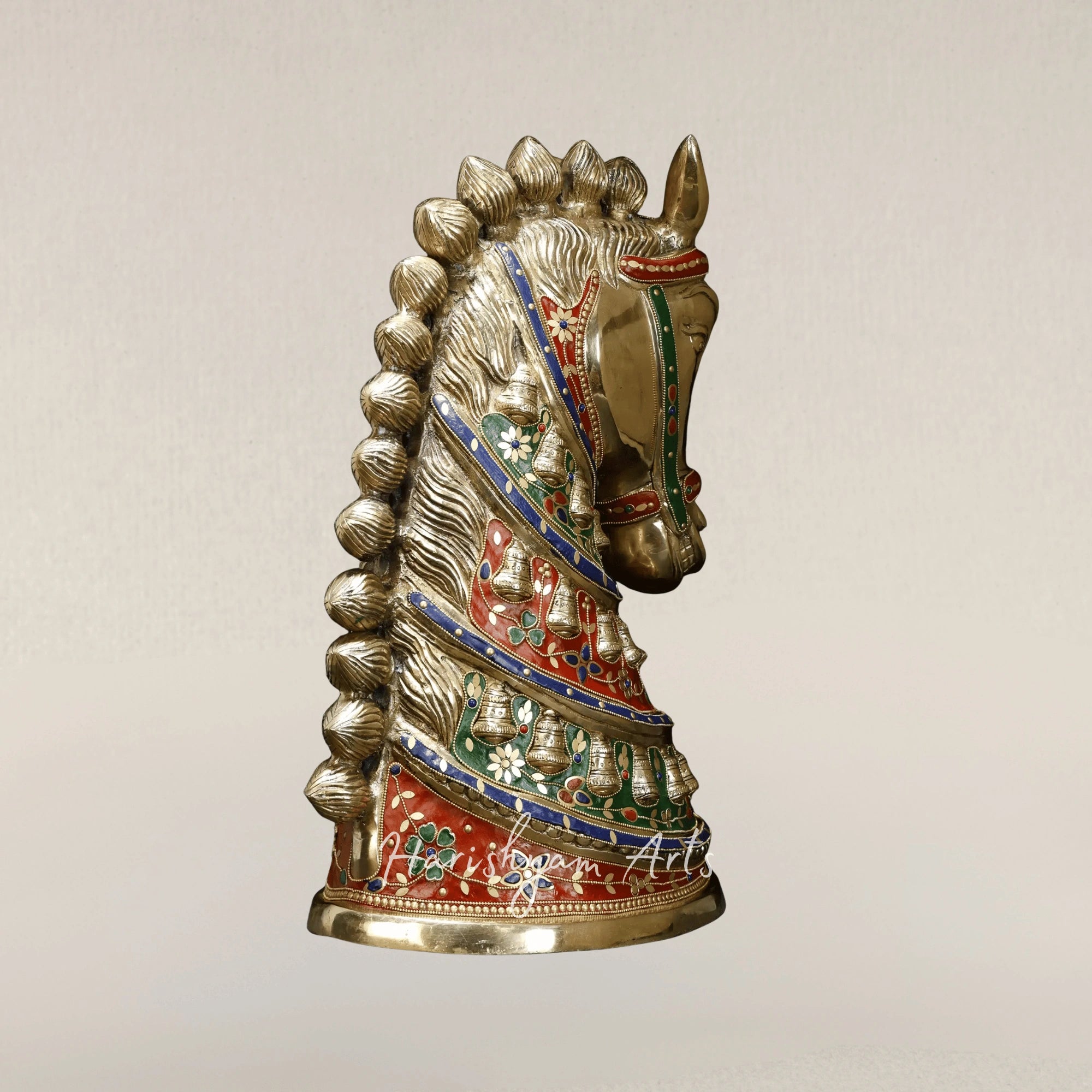 21" Premium Brass Horse Head Statue with Intricate Stone Inlay