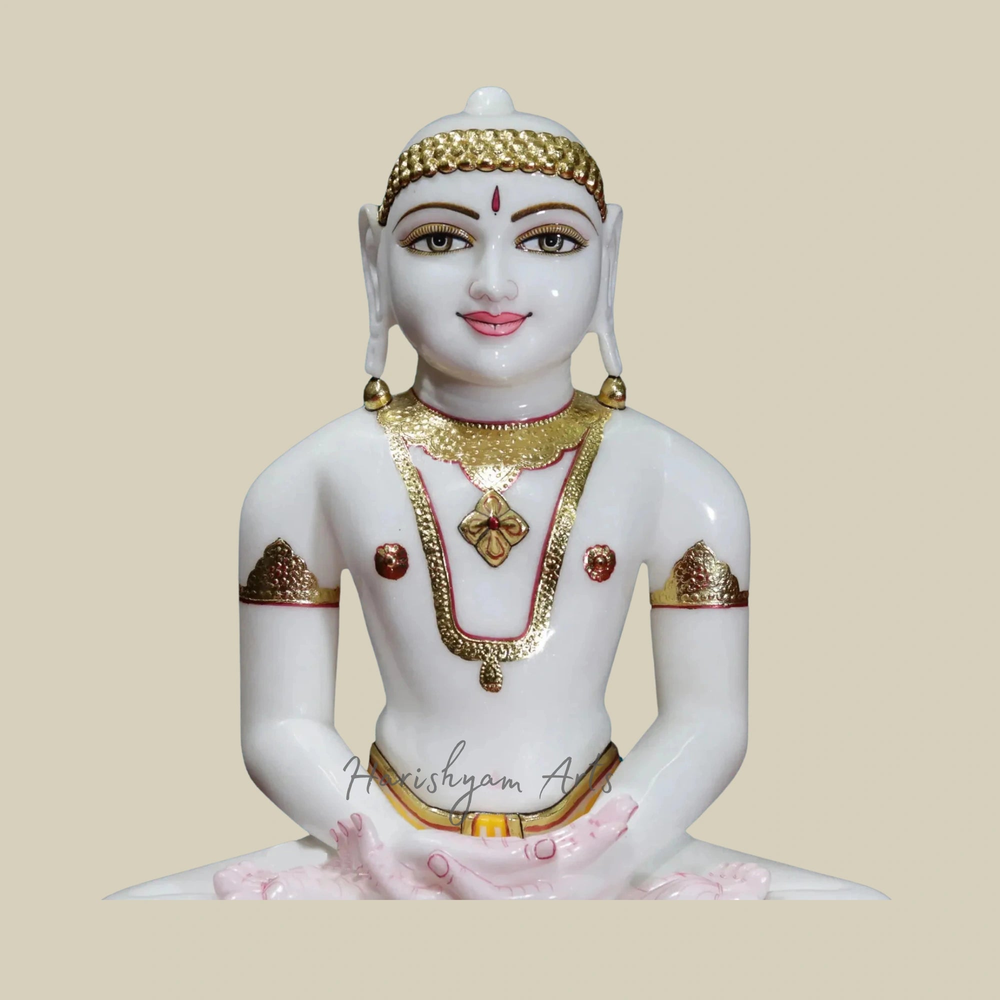 21" Super White Marble Mahavir Jain Sculpture with Intricate Details