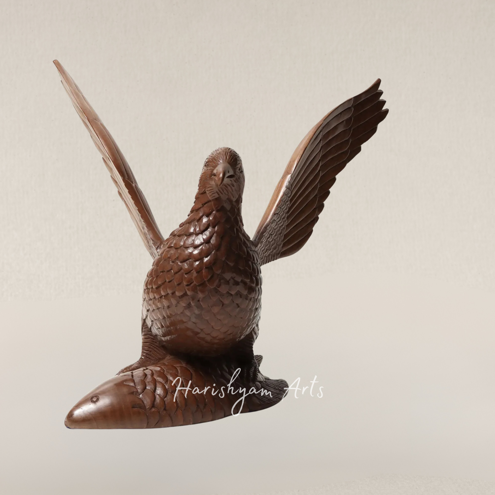 21" Walnut Wood Eagle Masterpiece Capturing a Fish Rustic Home Display