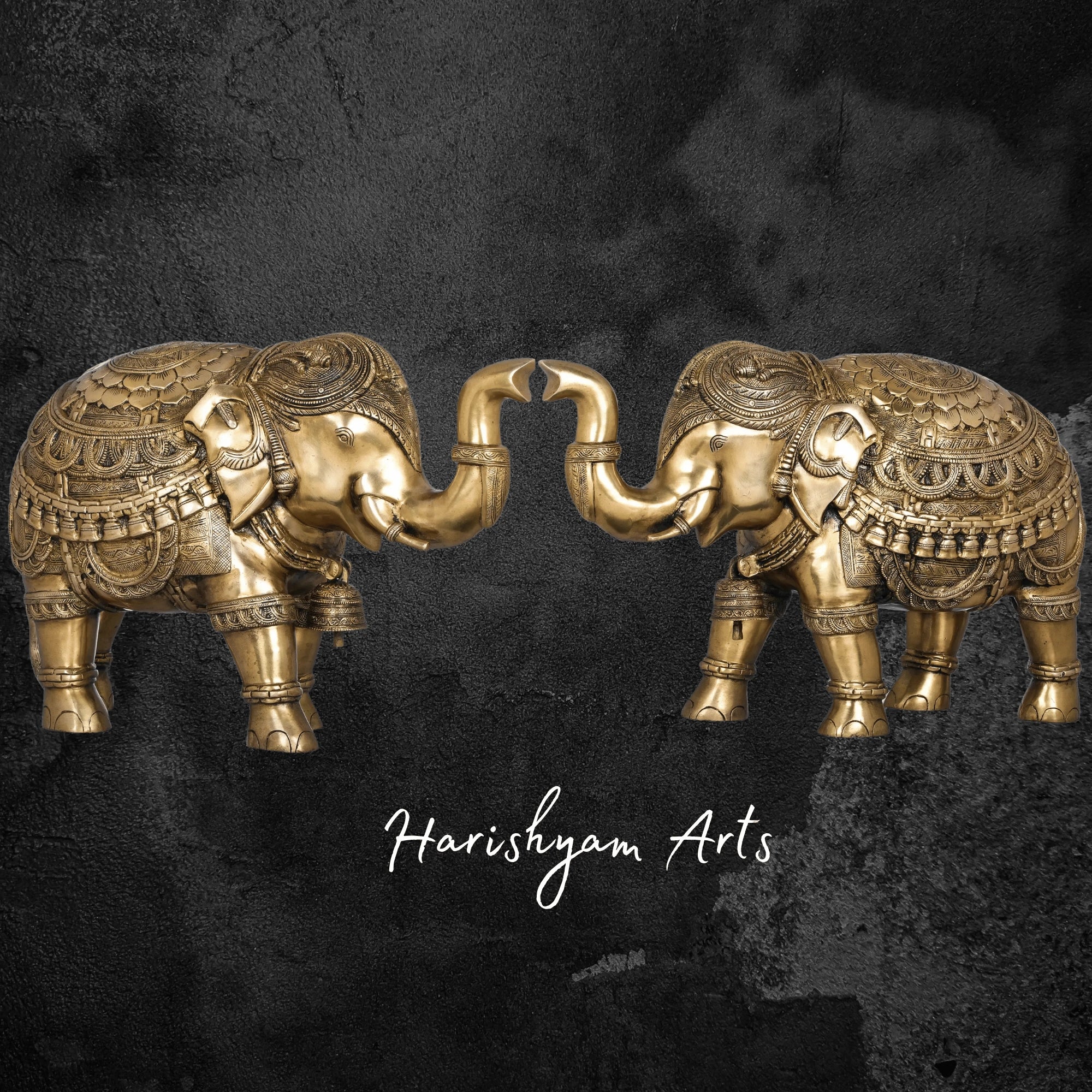 22" Sacred Brass Temple Elephants with Upraised Trunks and Bells