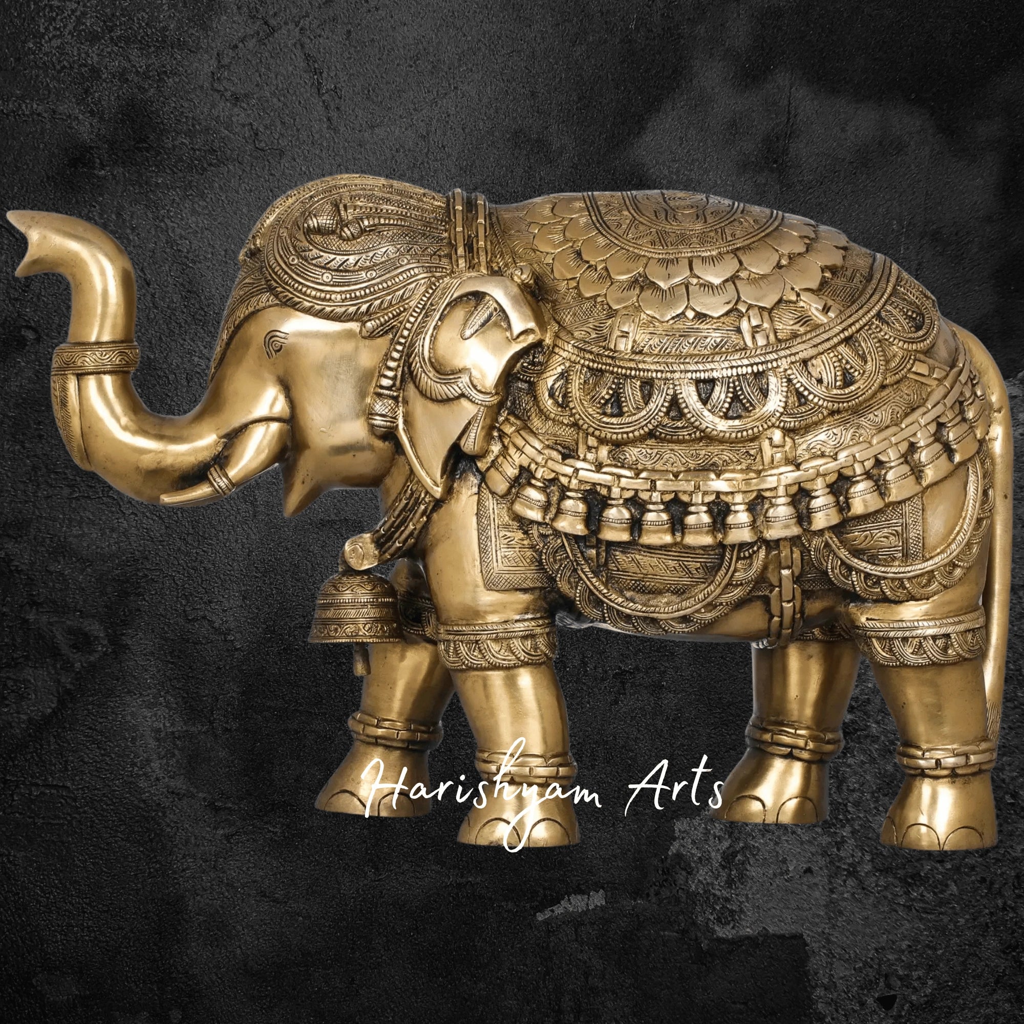 22" Sacred Brass Temple Elephants with Upraised Trunks and Bells