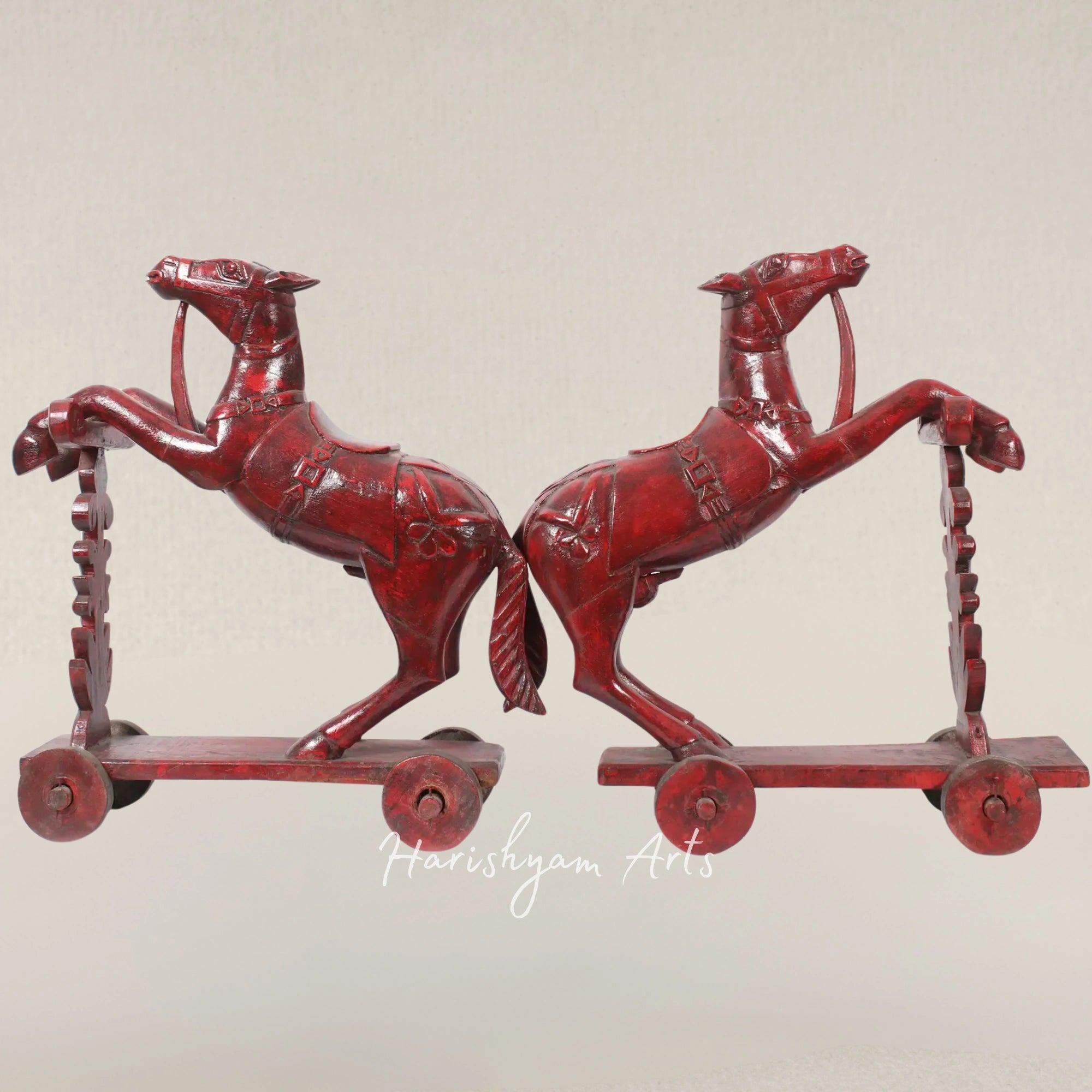 22" Twin Wooden Horses on Vintage Wheel Base Display