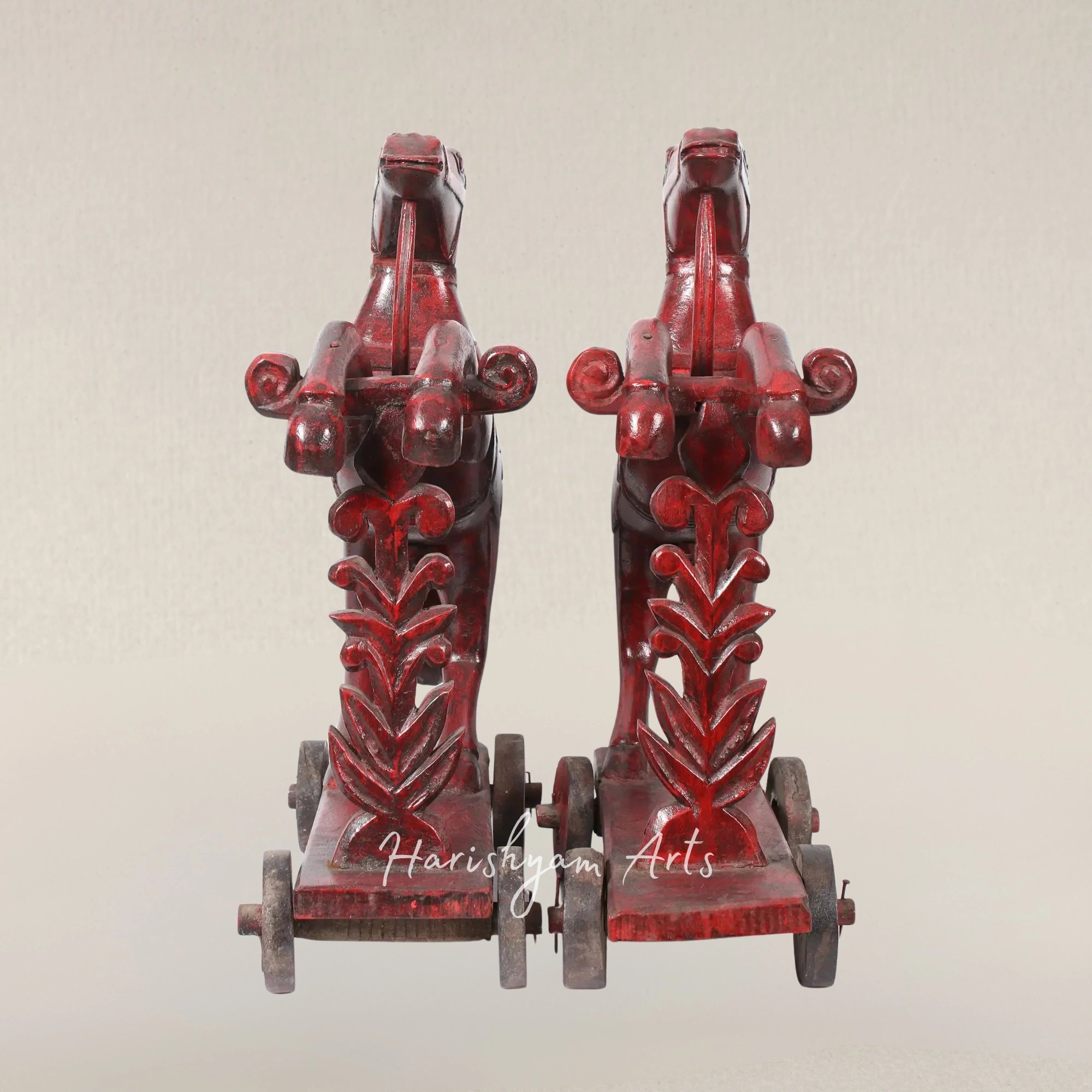 22" Twin Wooden Horses on Vintage Wheel Base Display