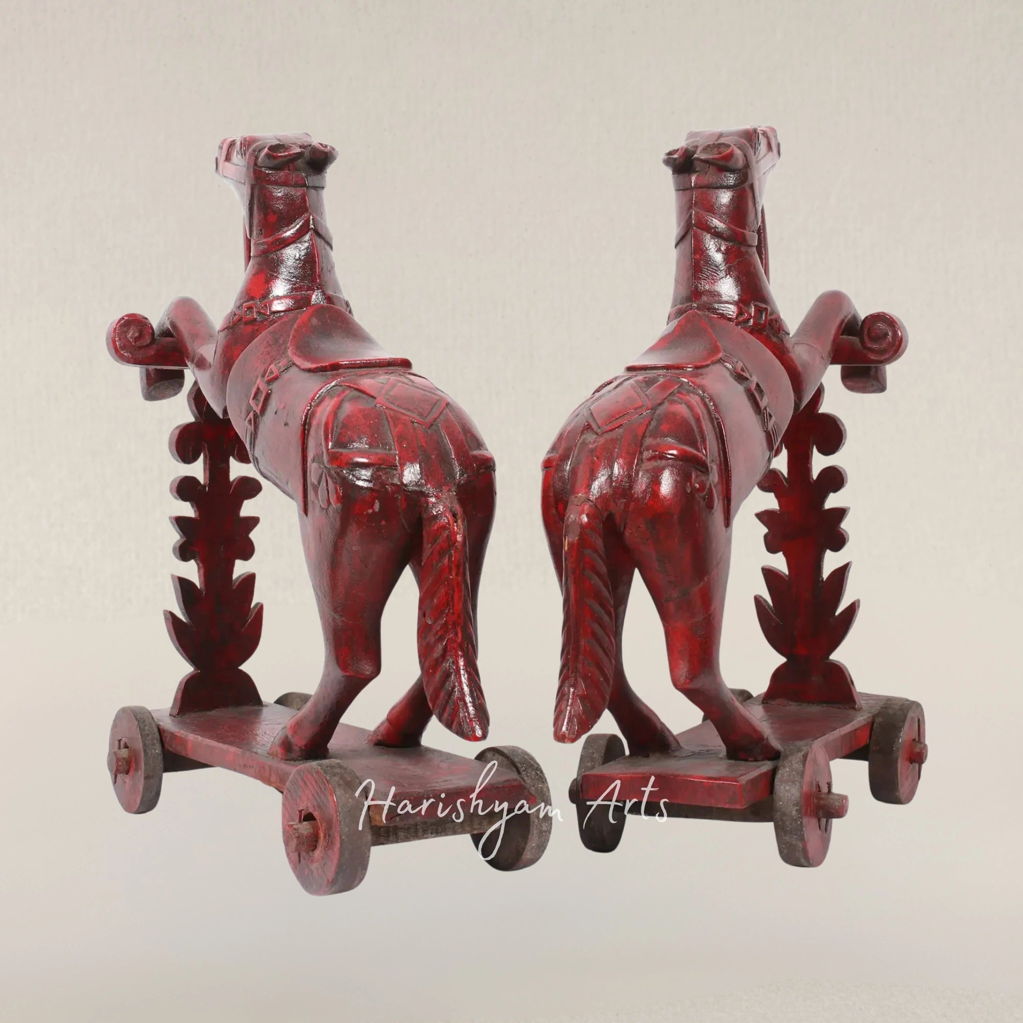 22" Twin Wooden Horses on Vintage Wheel Base Display