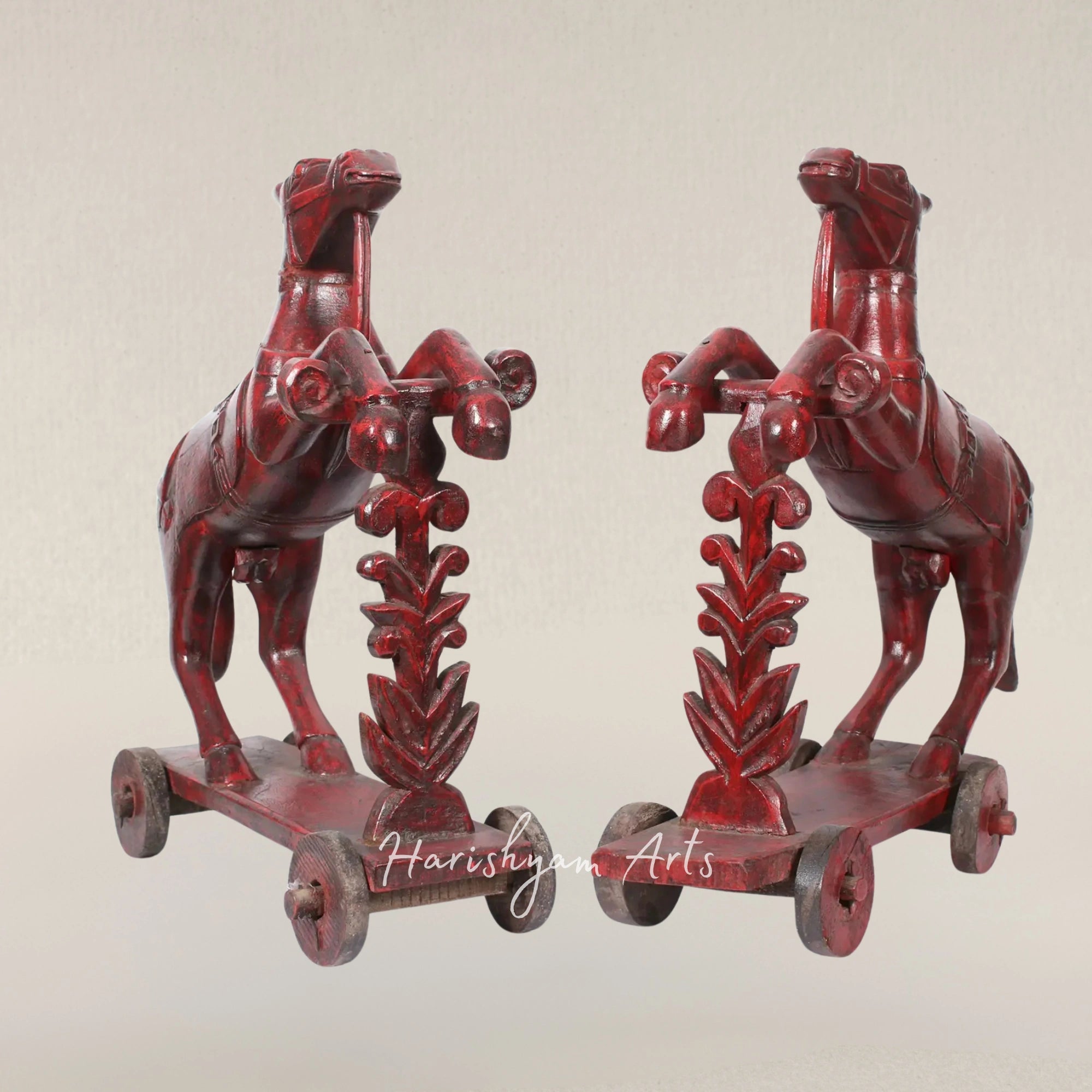 22" Twin Wooden Horses on Vintage Wheel Base Display