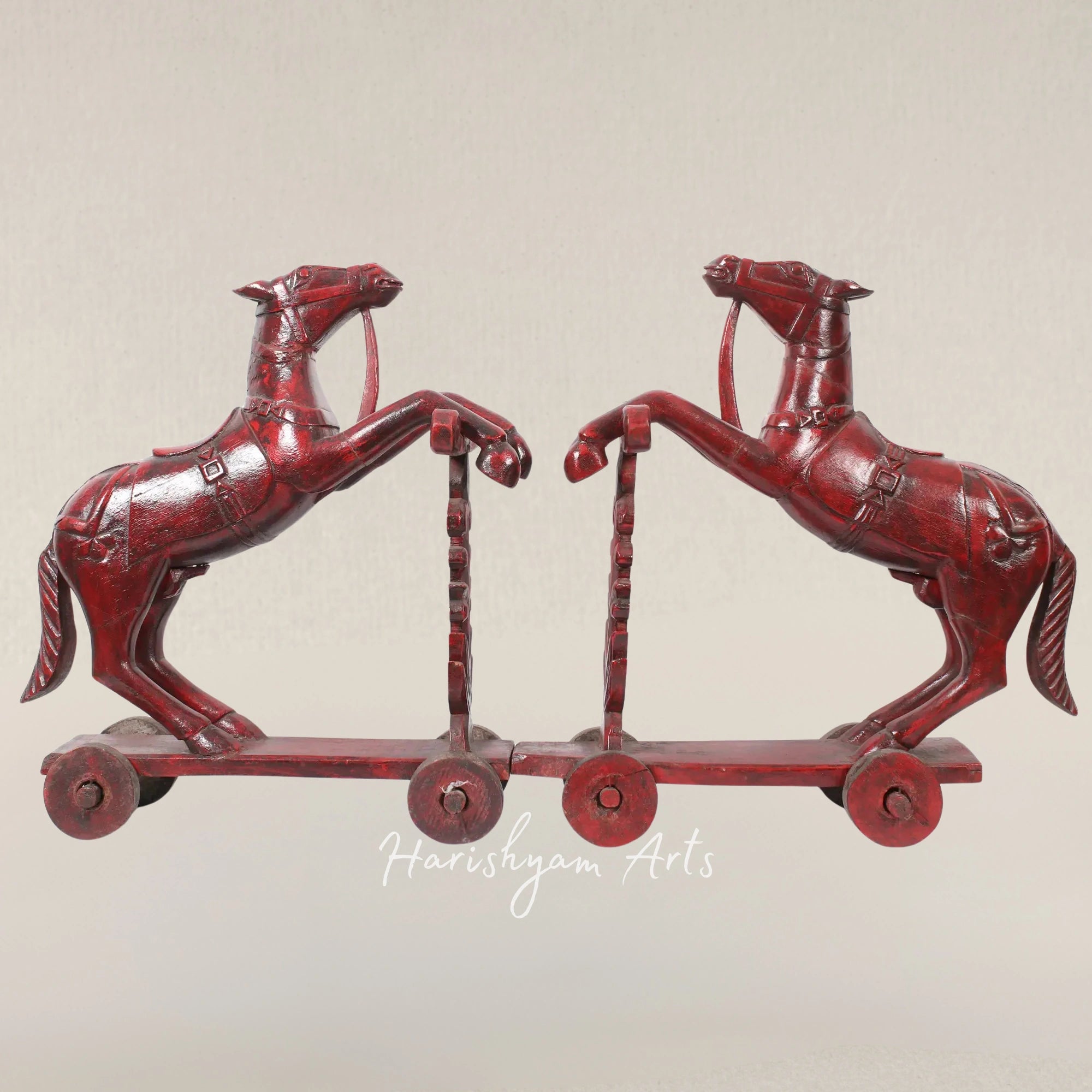 22" Twin Wooden Horses on Vintage Wheel Base Display