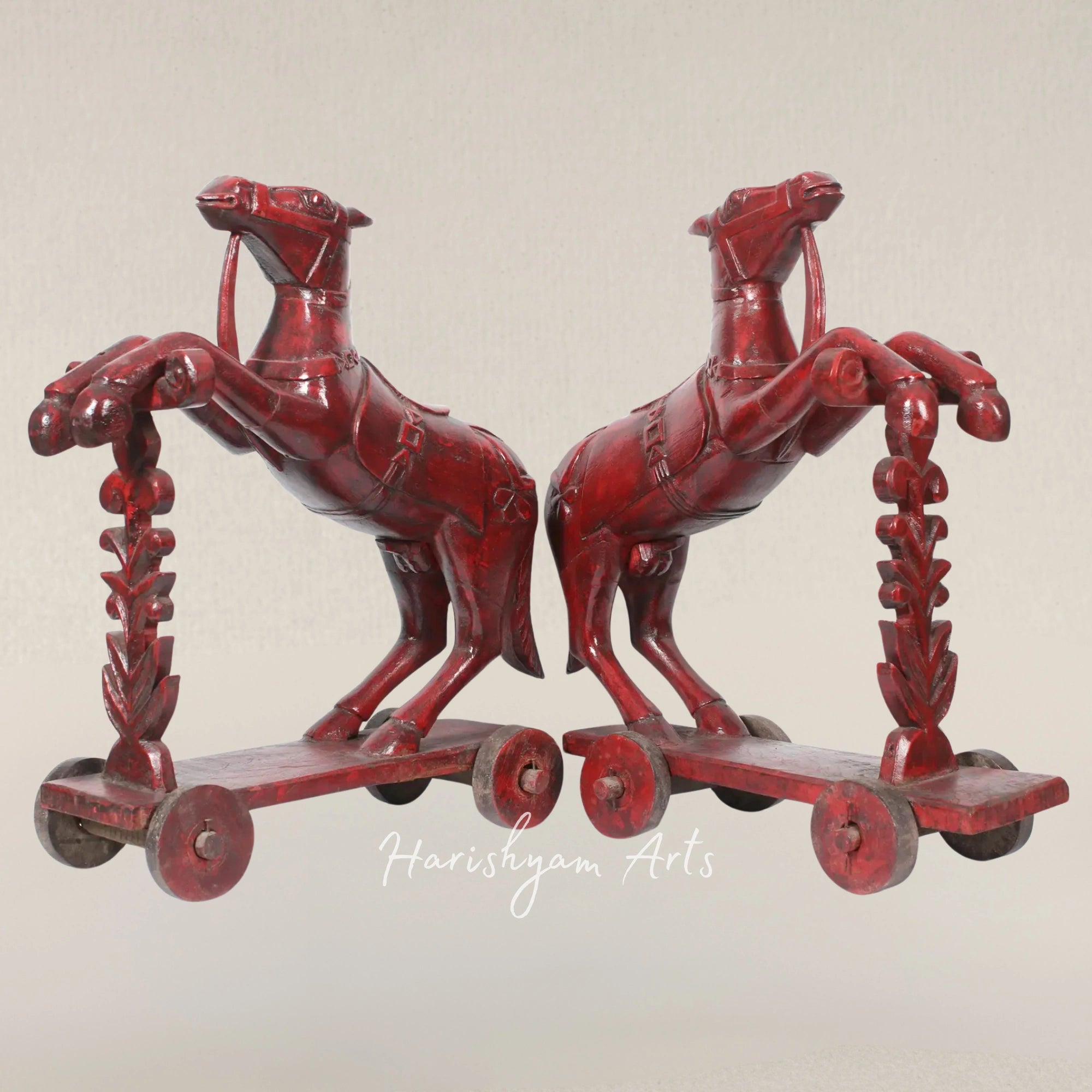 22" Twin Wooden Horses on Vintage Wheel Base Display