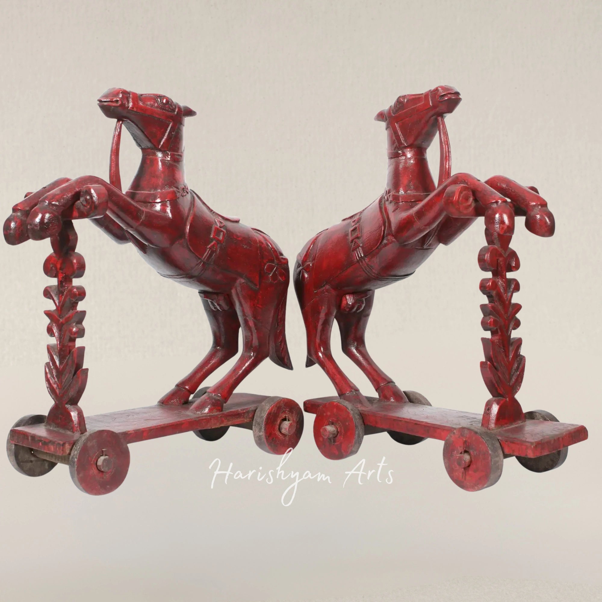 22" Twin Wooden Horses on Vintage Wheel Base Display