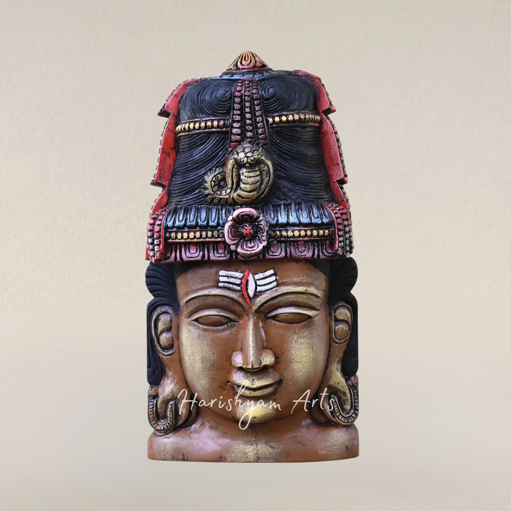23" Colorful Shiva Wooden Divine Face Mask Statue