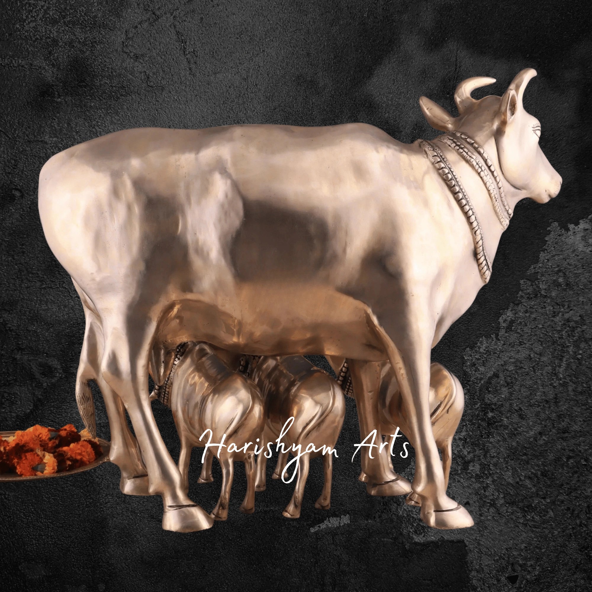 23" Divine Brass Gomata Cow Statue Shielding Calves Vastu Blessing Idol