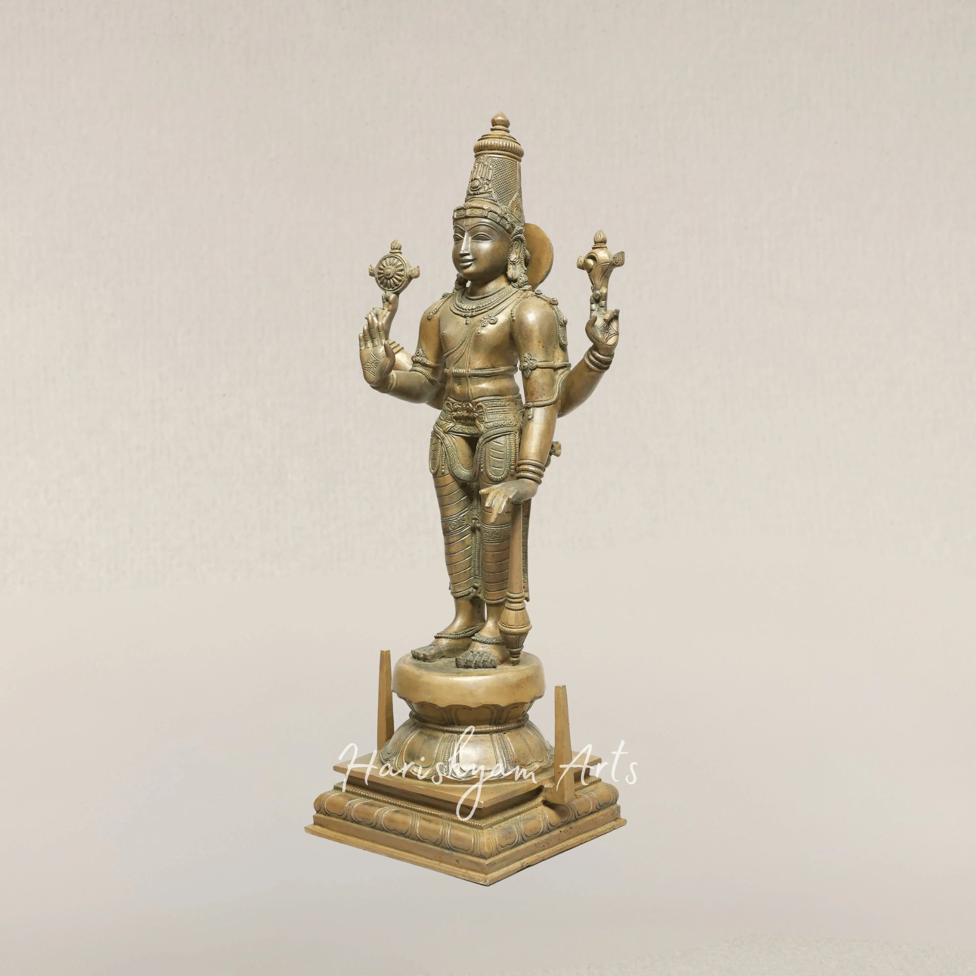 23" Four Armed Standing Maha Vishnu Panchaloha Bronze Idol in Traditional Lost Wax Craft