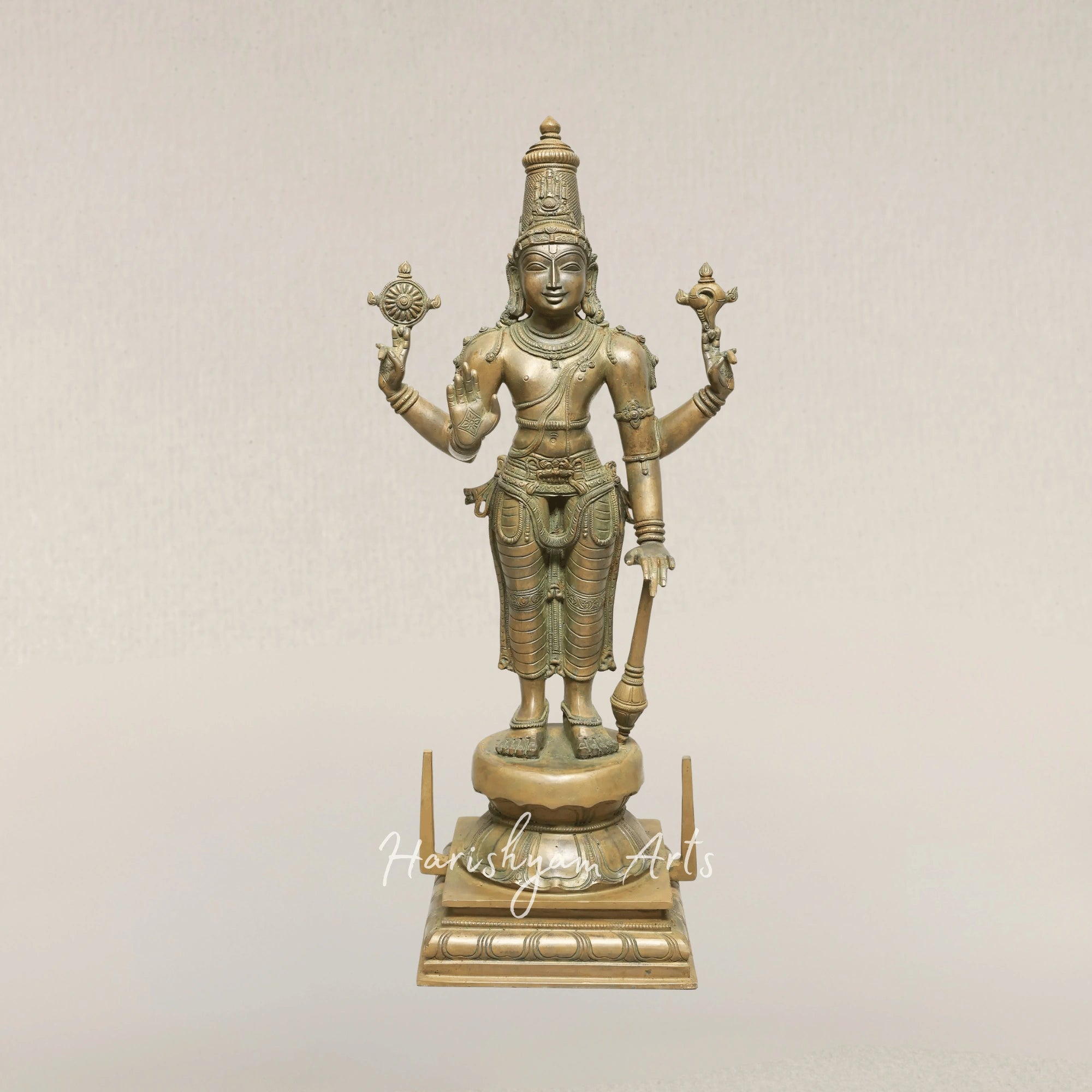 23" Four Armed Standing Maha Vishnu Panchaloha Bronze Idol in Traditional Lost Wax Craft