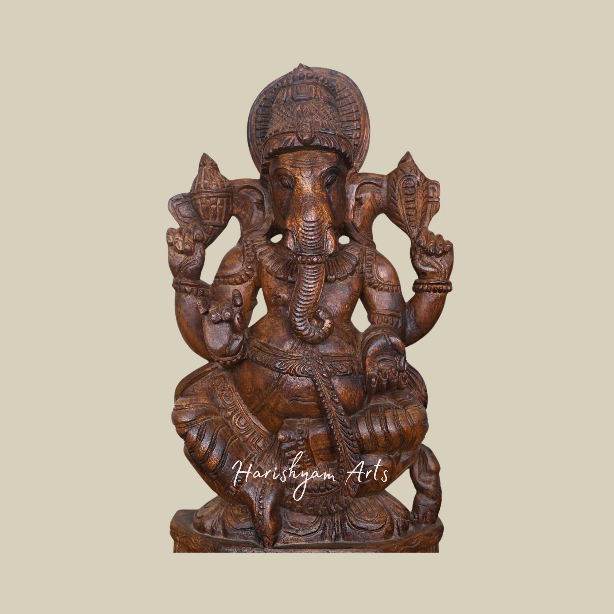 23" Ganesha Wooden Murti for Temple Right Trunk Seated on Petal Lotus with Fine Finishing Home Decor