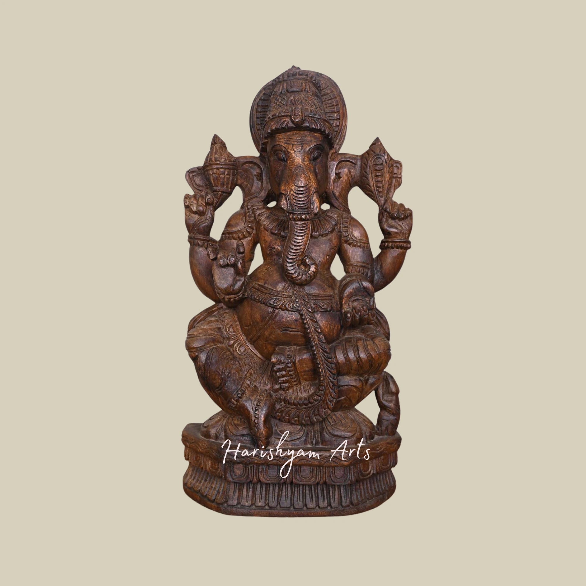 23" Ganesha Wooden Murti for Temple Right Trunk Seated on Petal Lotus with Fine Finishing Home Decor1