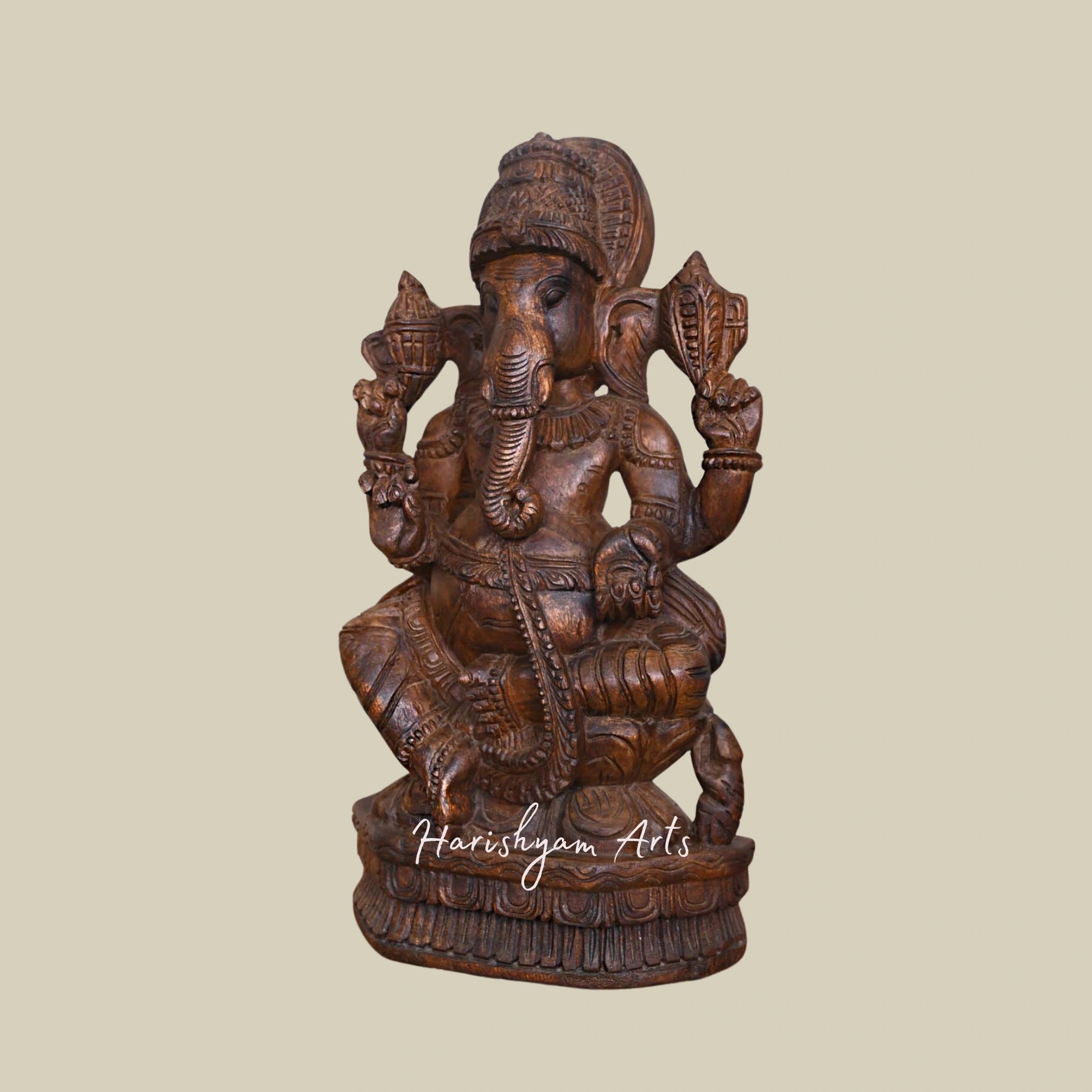 23" Ganesha Wooden Murti for Temple Right Trunk Seated on Petal Lotus with Fine Finishing Home Decor2