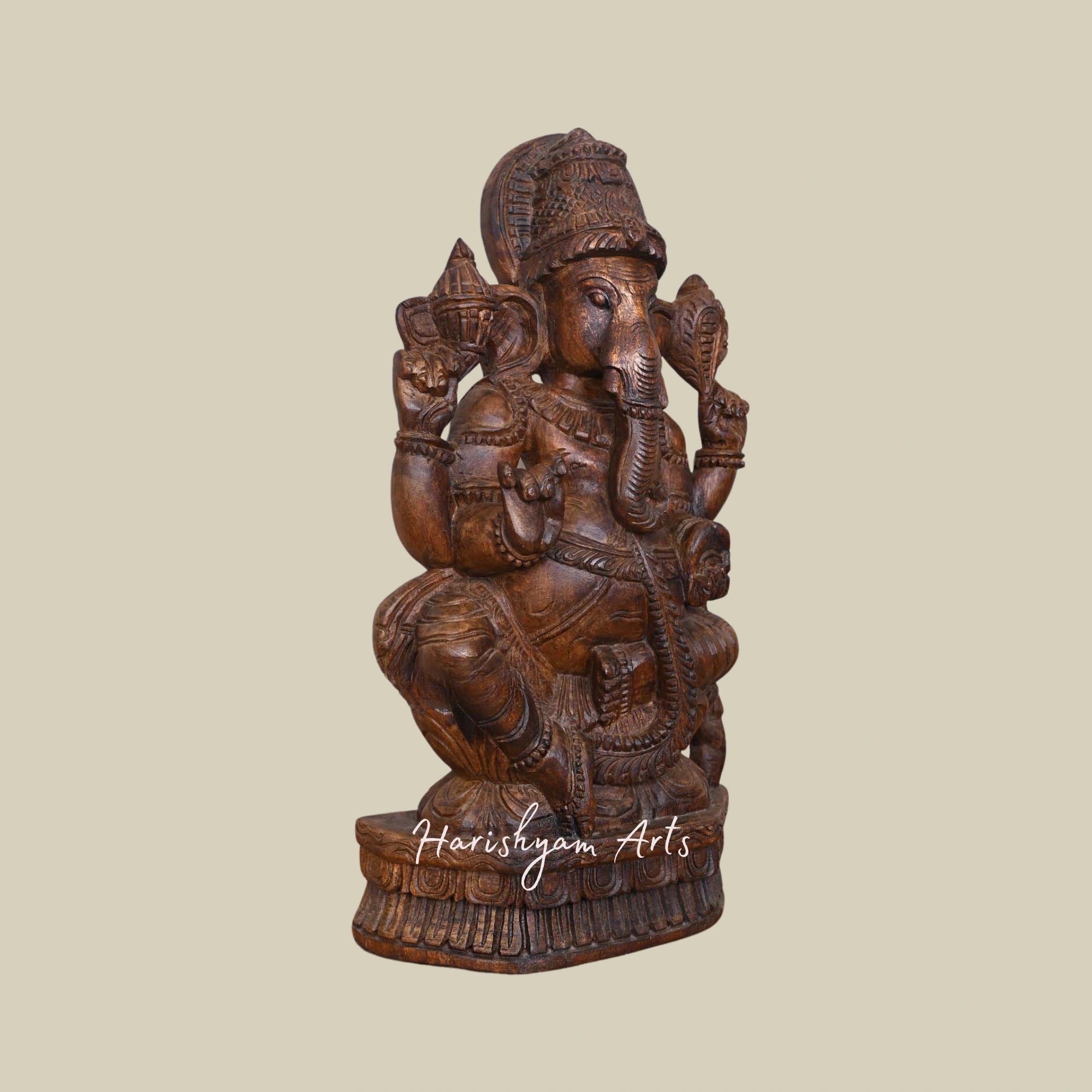 23" Ganesha Wooden Murti for Temple Right Trunk Seated on Petal Lotus with Fine Finishing Home Decor3