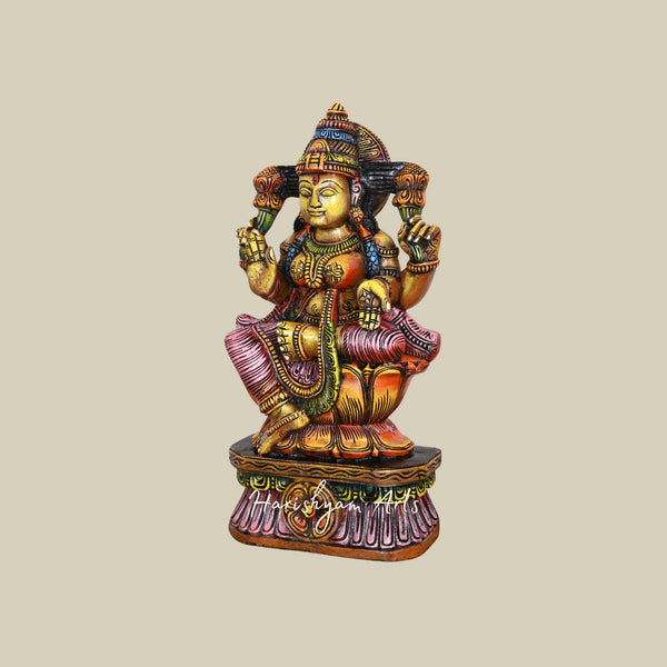 24.5 Carved Wooden Lakshmi Murti of Narayani Mahalakshmi Holding Lotus