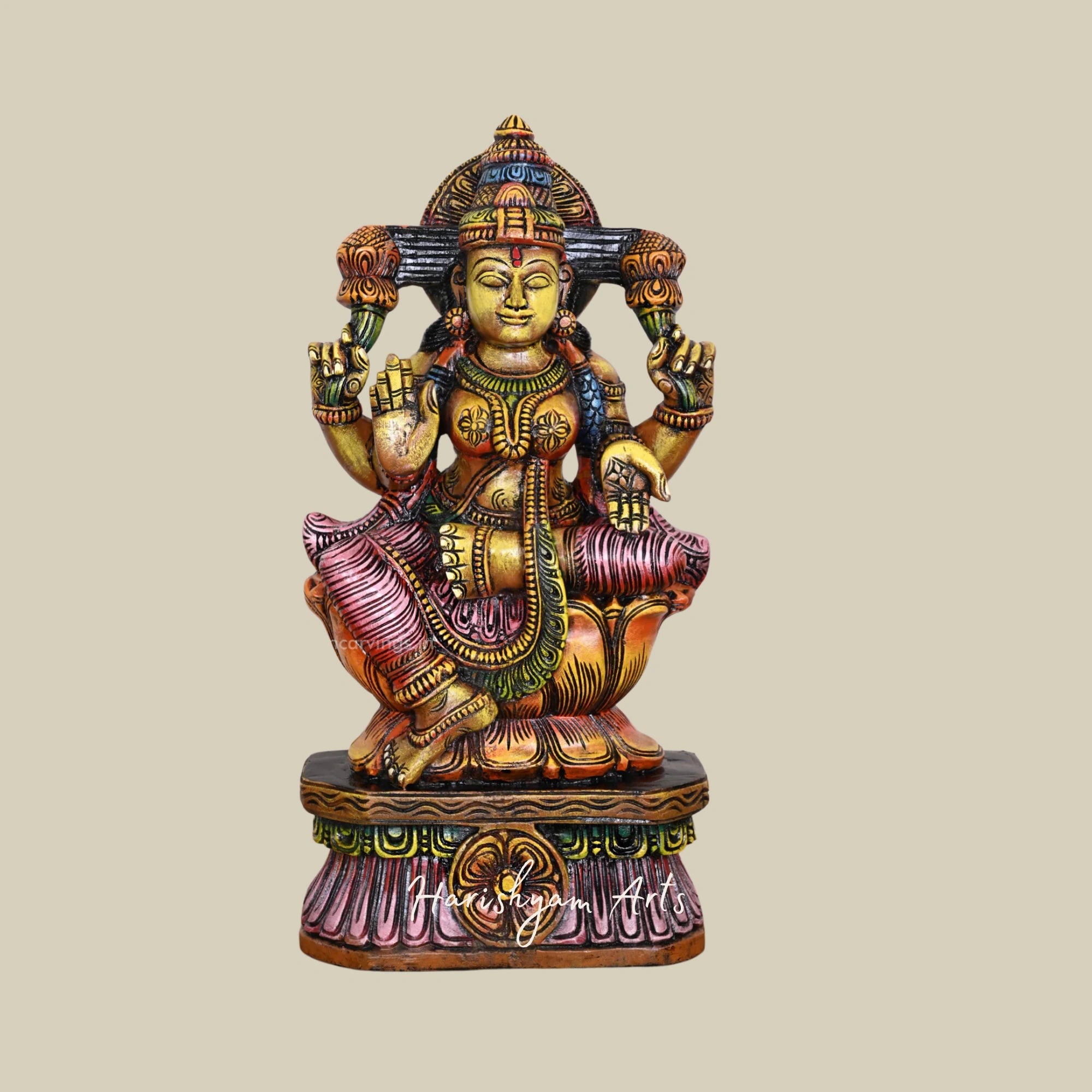 24.5 Carved Wooden Lakshmi Murti of Narayani Mahalakshmi Holding Lotus3