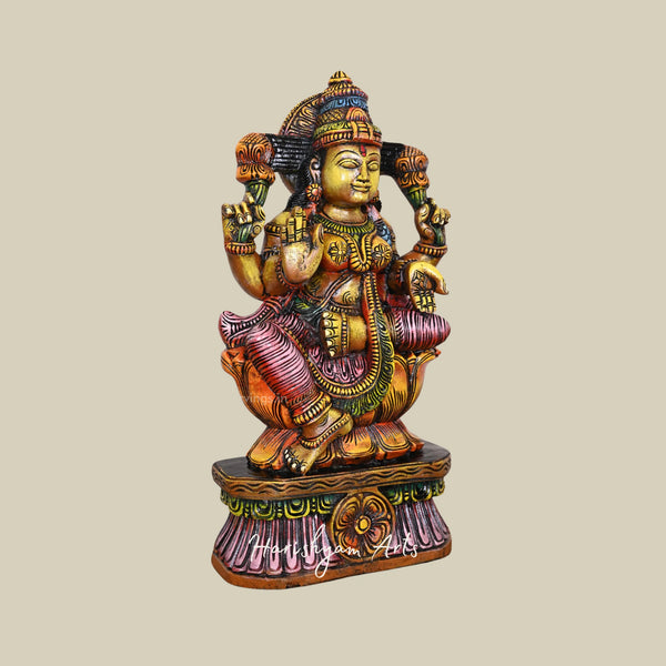 24.5 Carved Wooden Lakshmi Murti of Narayani Mahalakshmi Holding Lotus