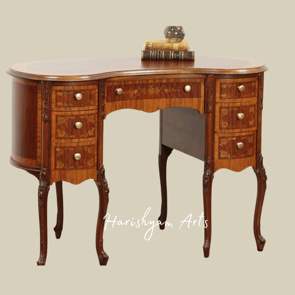 Classic French Style Vintage Desk featuring Solid Wood Construction, Decorative Marquetry and Brass Knob Handles