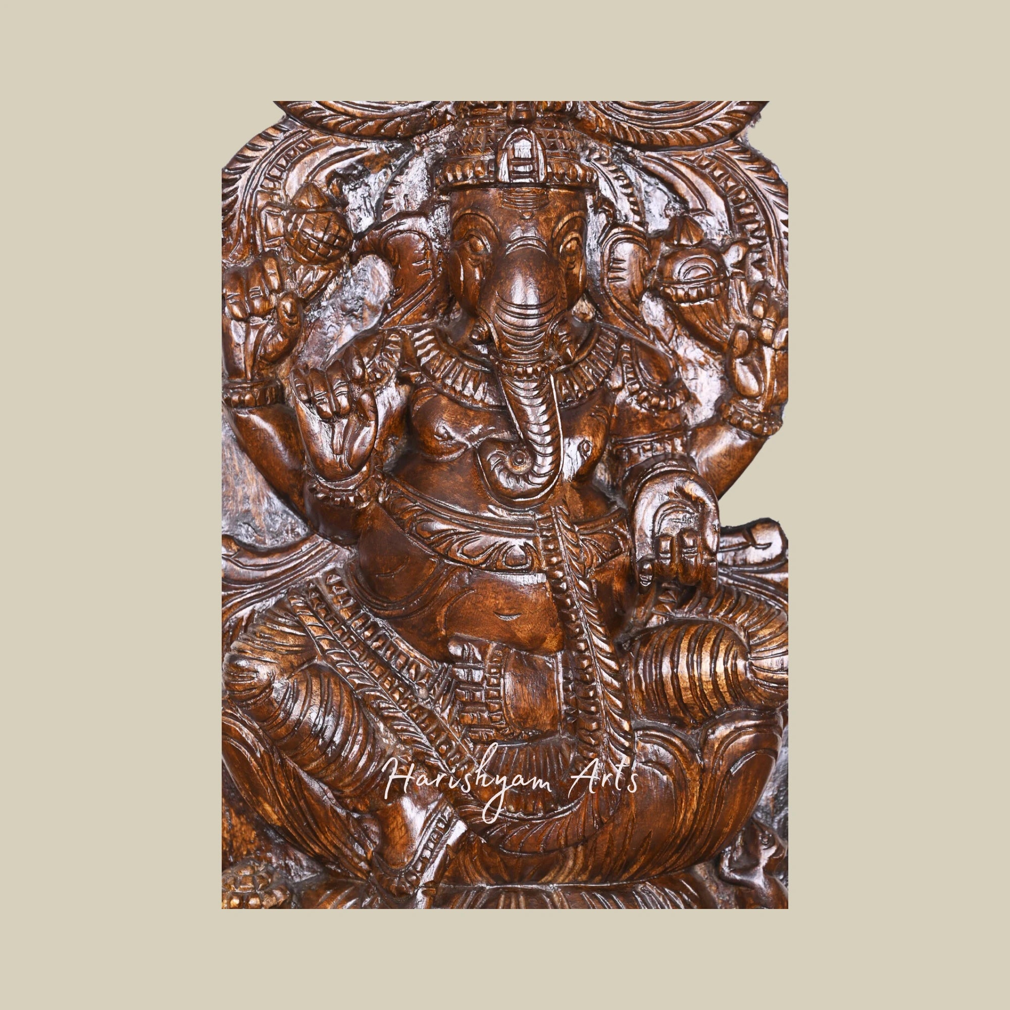 24" Artistic Wooden Ganesha Murti Seated on Lotus with Polished Finishing Kirthi Mukh Sculpture1