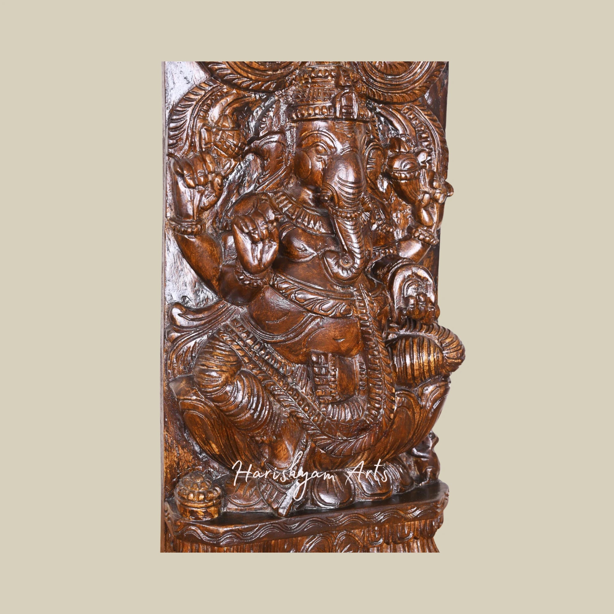 24" Artistic Wooden Ganesha Murti Seated on Lotus with Polished Finishing Kirthi Mukh Sculpture4