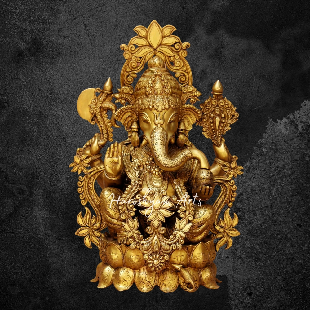 24" Brass Ganesha Statue Sited On Lotus Base