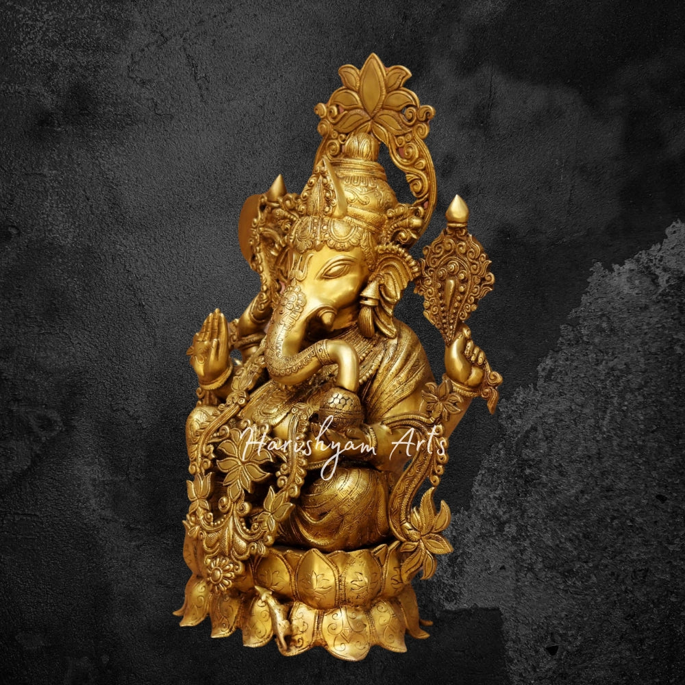 24" Brass Ganesha Statue Sited On Lotus Base