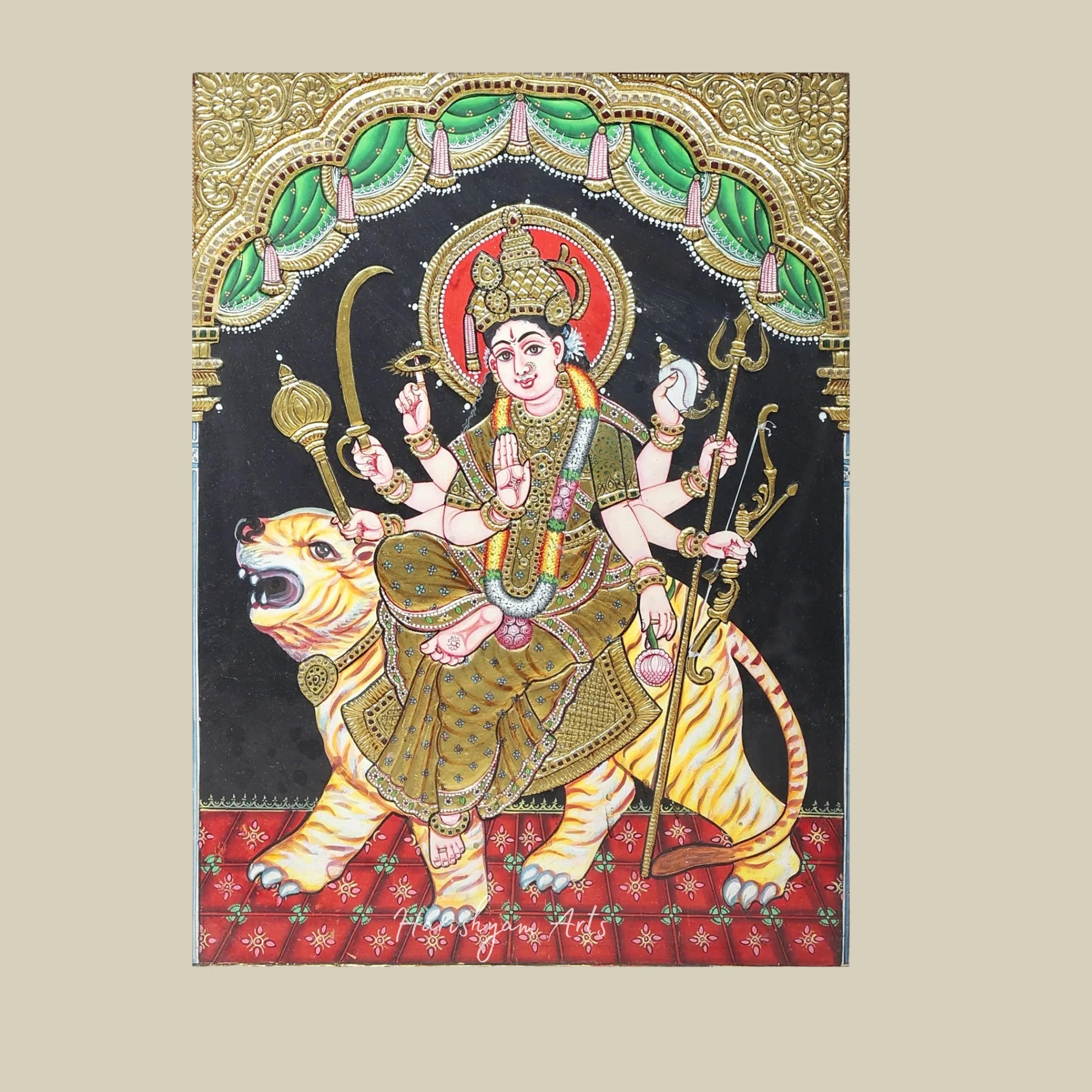 24" Framed Durga Tanjore Painting with Exquisite Details and 24K Gold Highlights