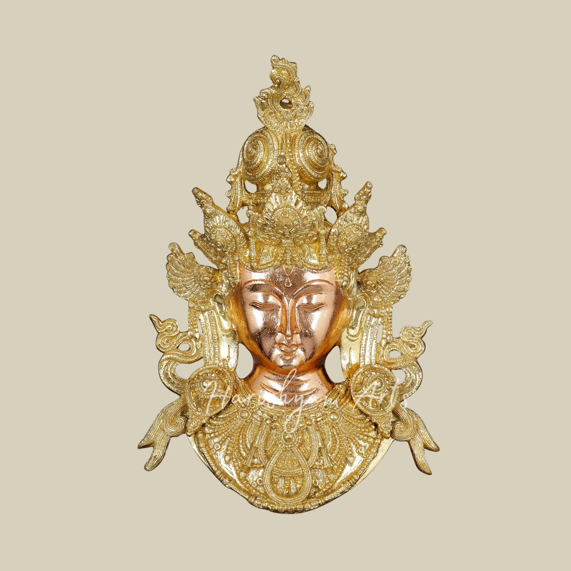 24"  Green Tara Brass Mask Wall Sculpture with Decorative Wooden Frame