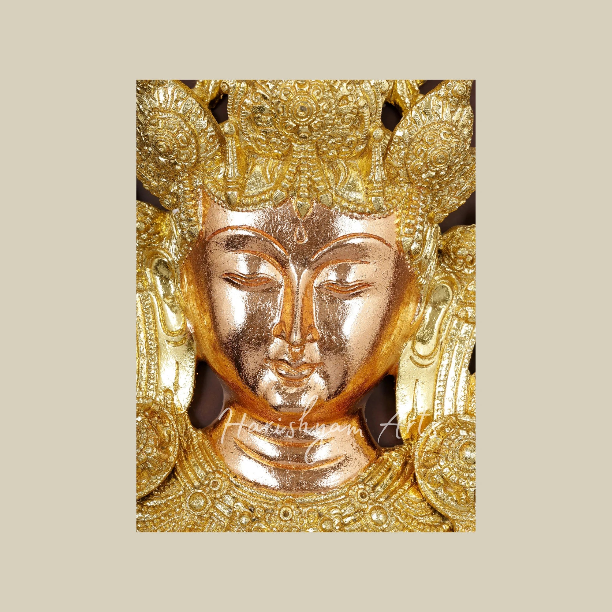 24"  Green Tara Brass Mask Wall Sculpture with Decorative Wooden Frame