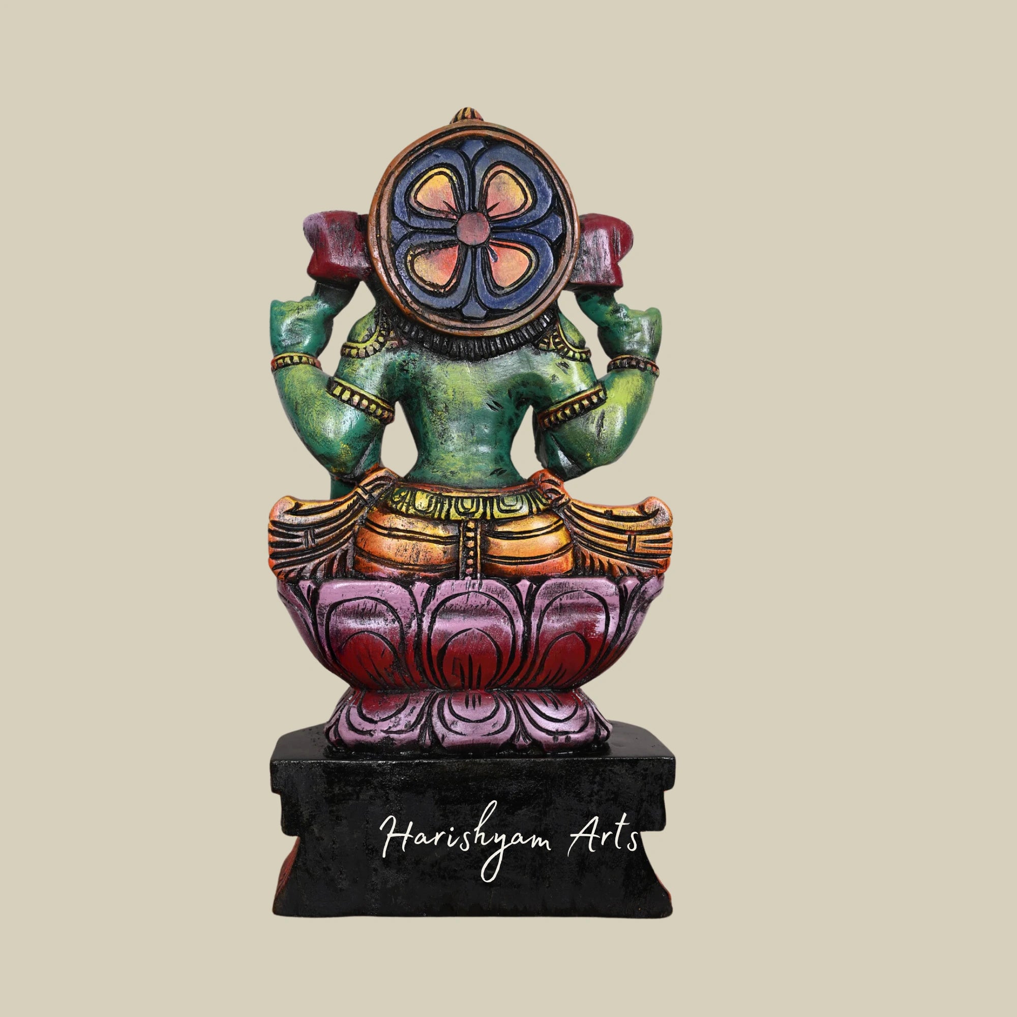 24" Green Wooden Lakshmi Devi Seated on Lotus, Beautiful Handmade Statue for Home