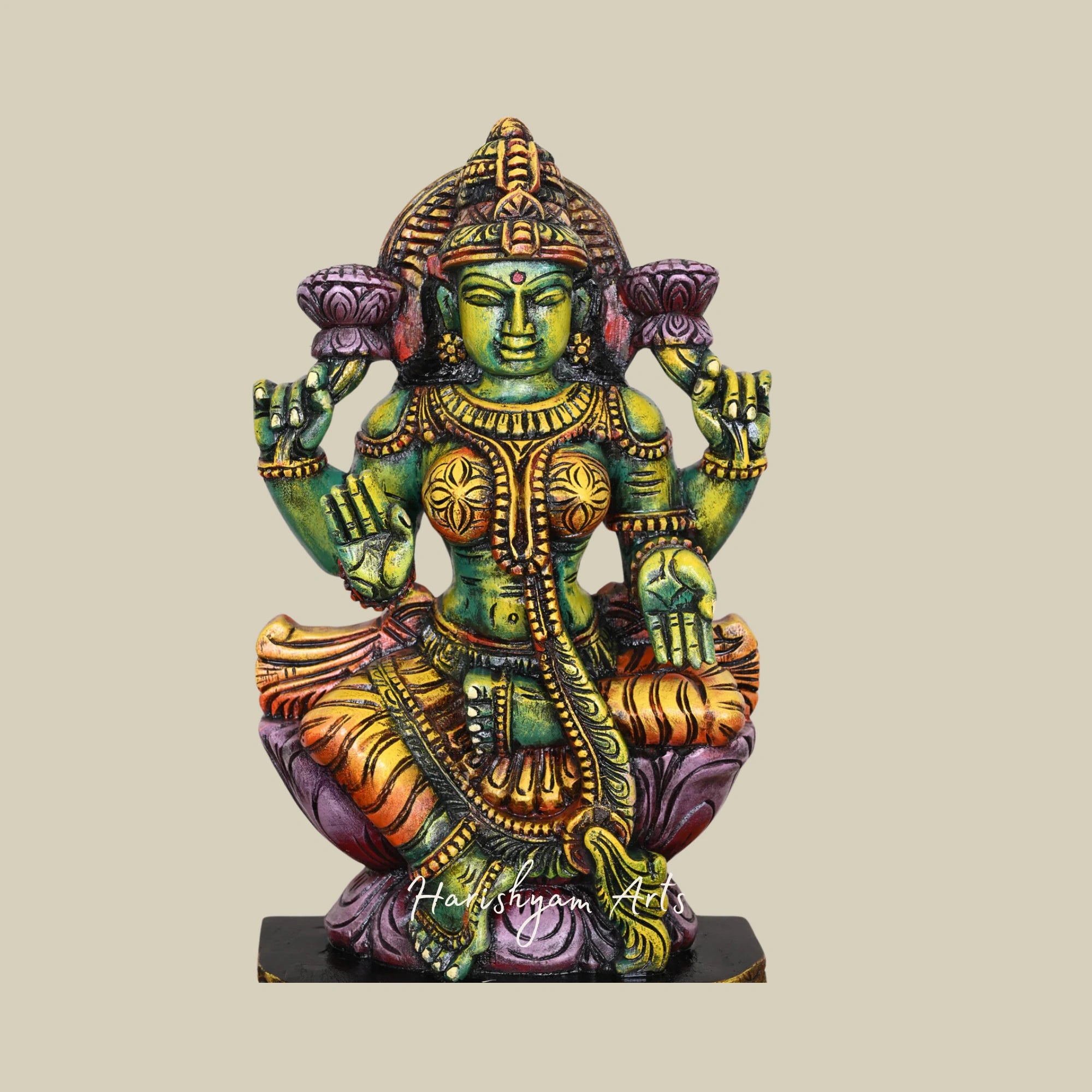 24" Green Wooden Lakshmi Devi Seated on Lotus, Beautiful Handmade Statue for Home2